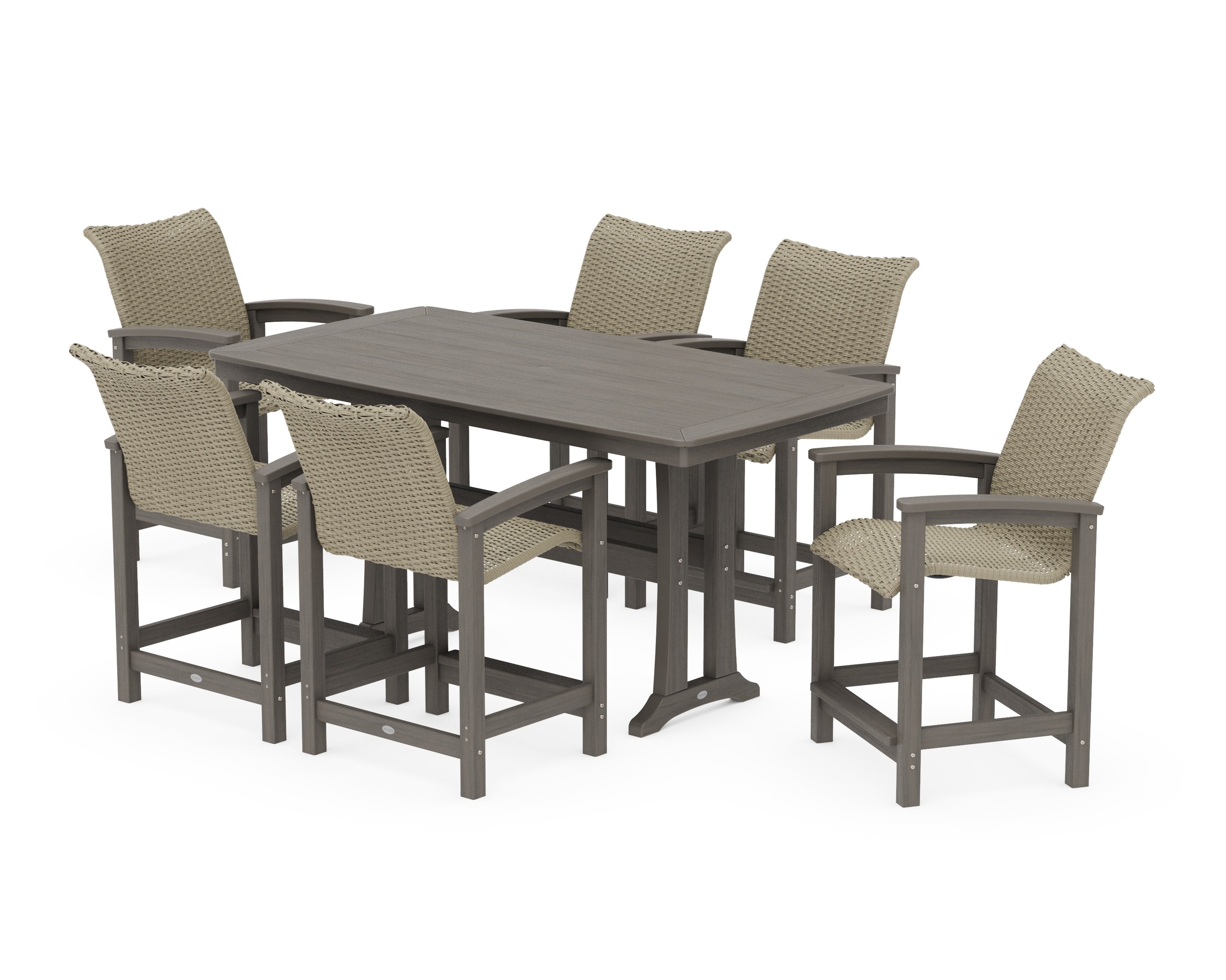 Coastal Woven Arm Chair 7-Piece Counter Set with Trestle Legs in Driftwood / Dune Grass