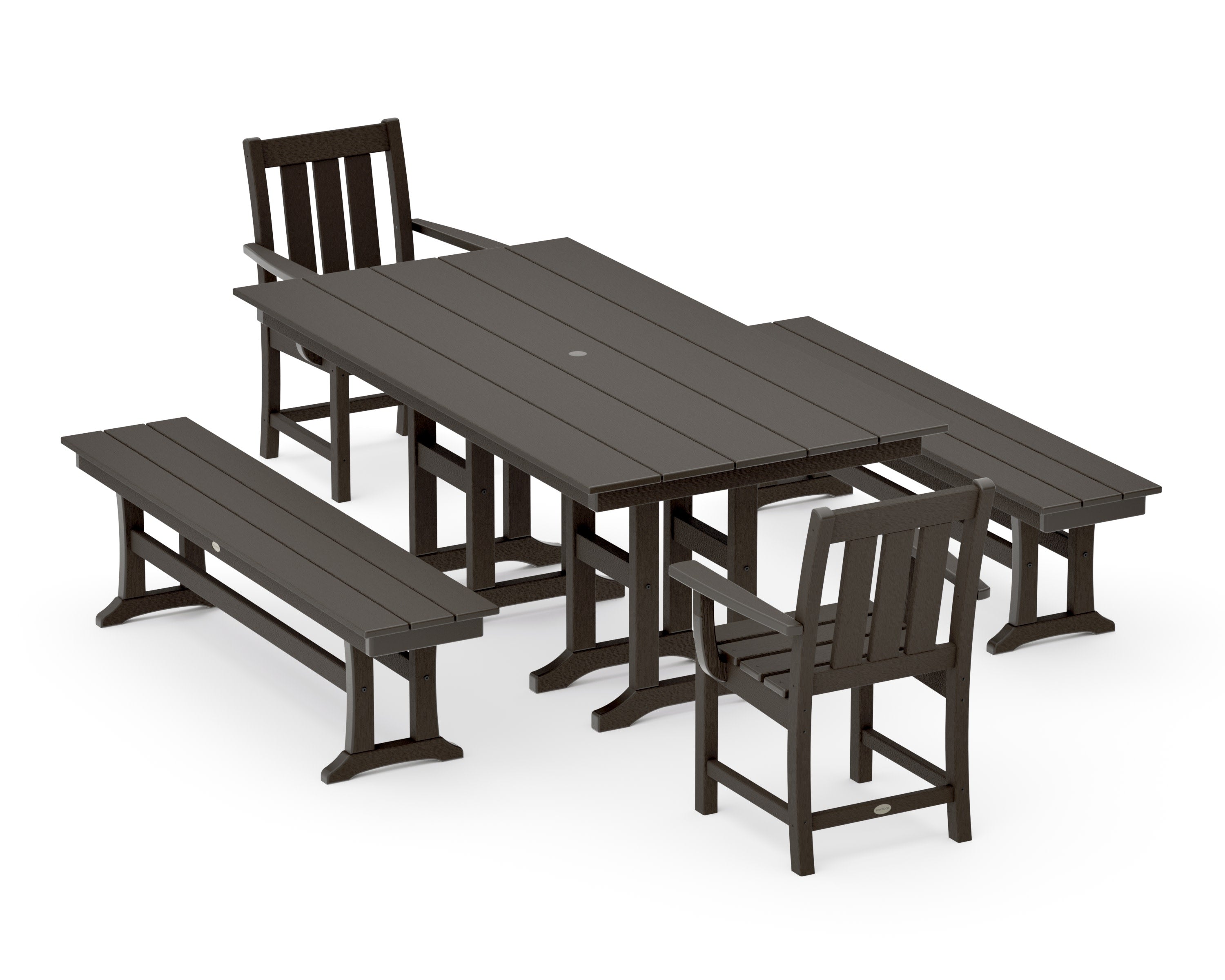 Oxford 5-Piece Farmhouse Dining Set with Benches in Vintage Coffee