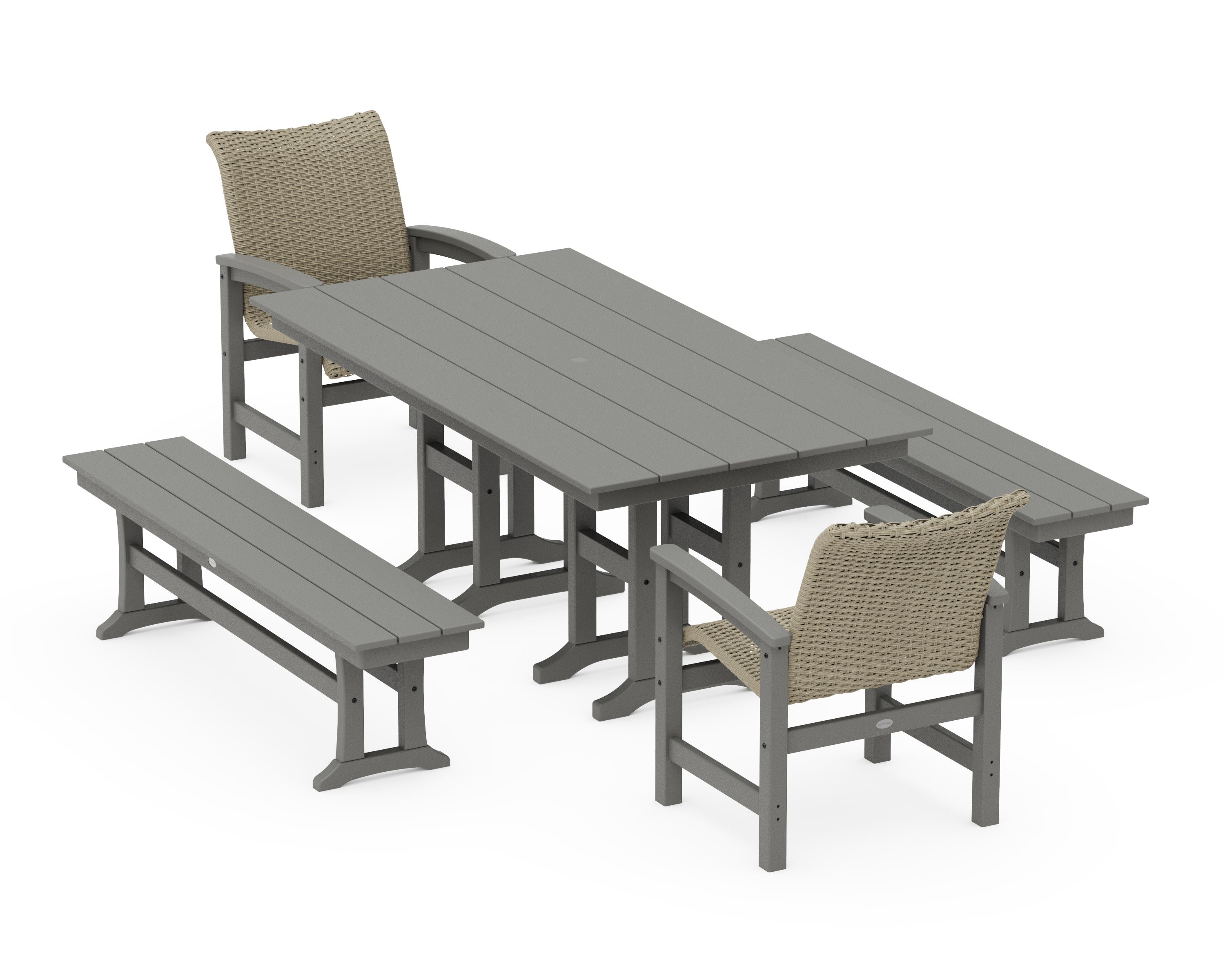Coastal Woven 5-Piece Farmhouse Dining Set with Benches in Slate Grey / Dune Grass