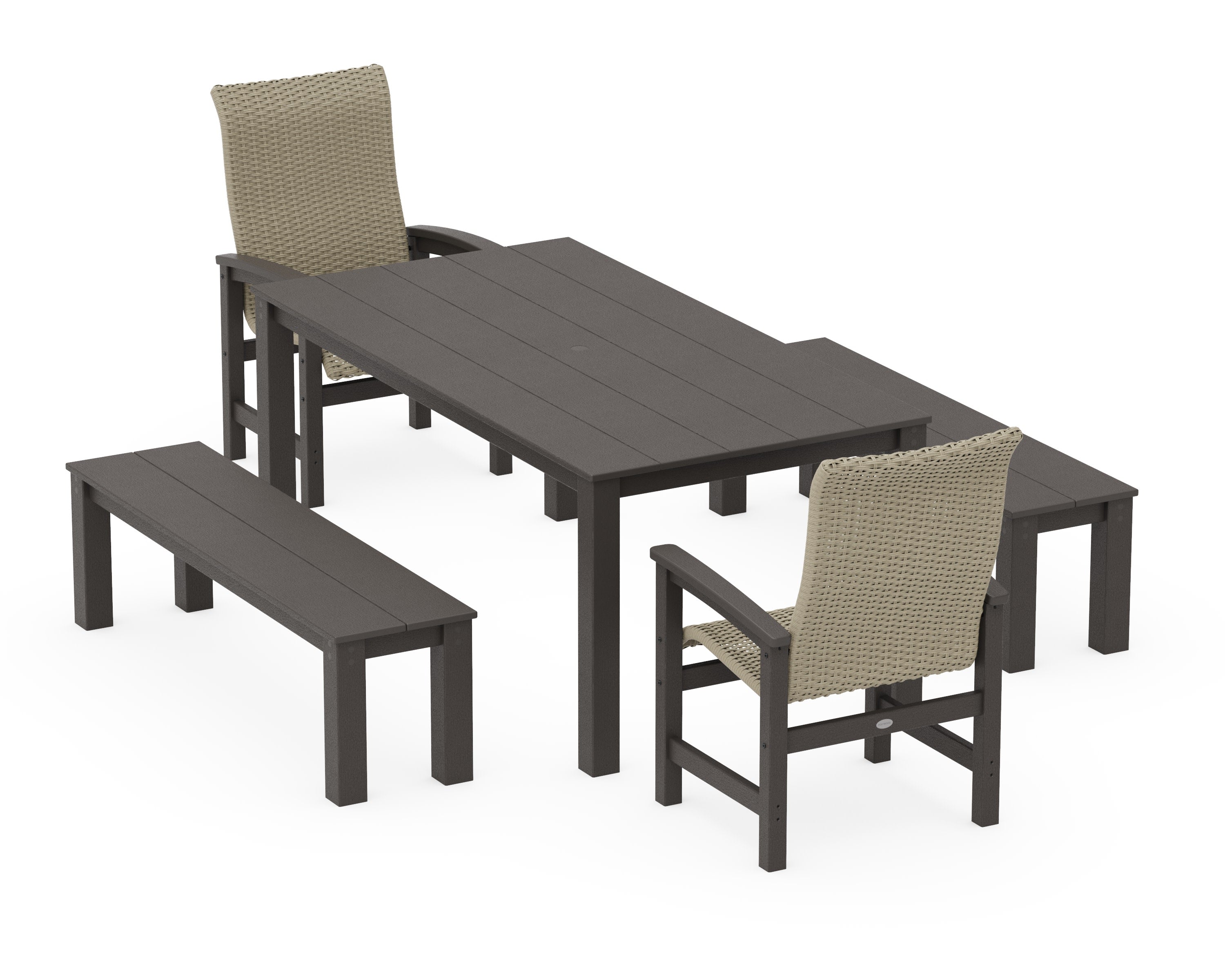 Coastal Woven High-Back 5-Piece Parsons Dining Set with Benches in Vintage Coffee / Dune Grass