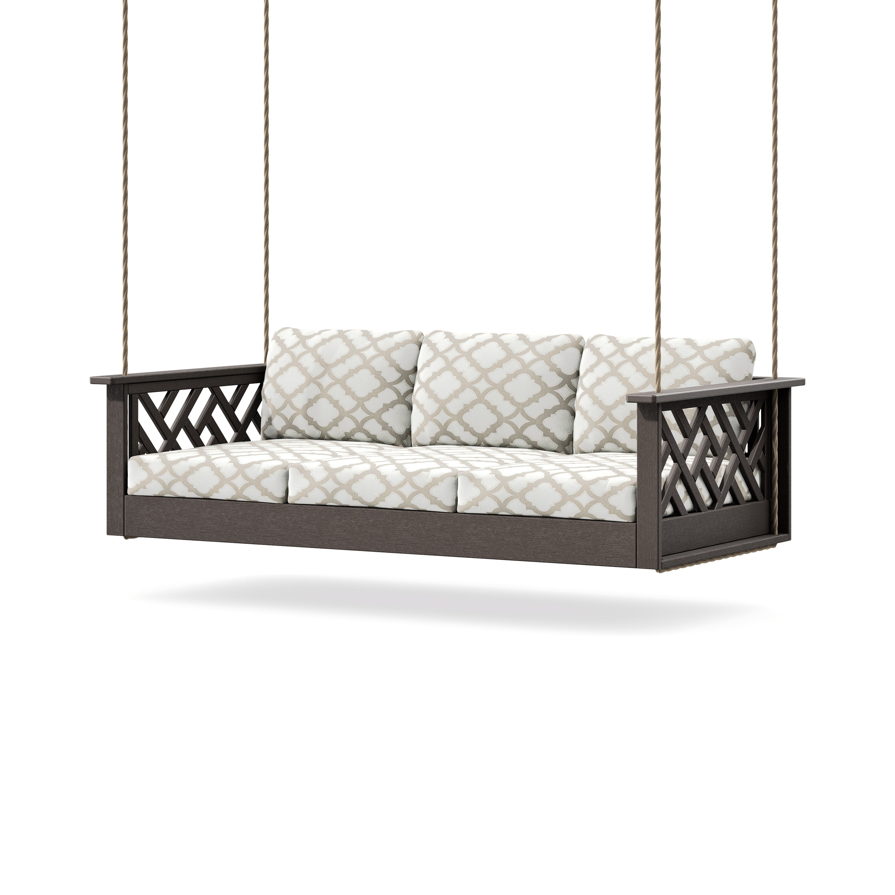 Chippendale Daybed Swing in Vintage Coffee / Trellis Dune Burlap