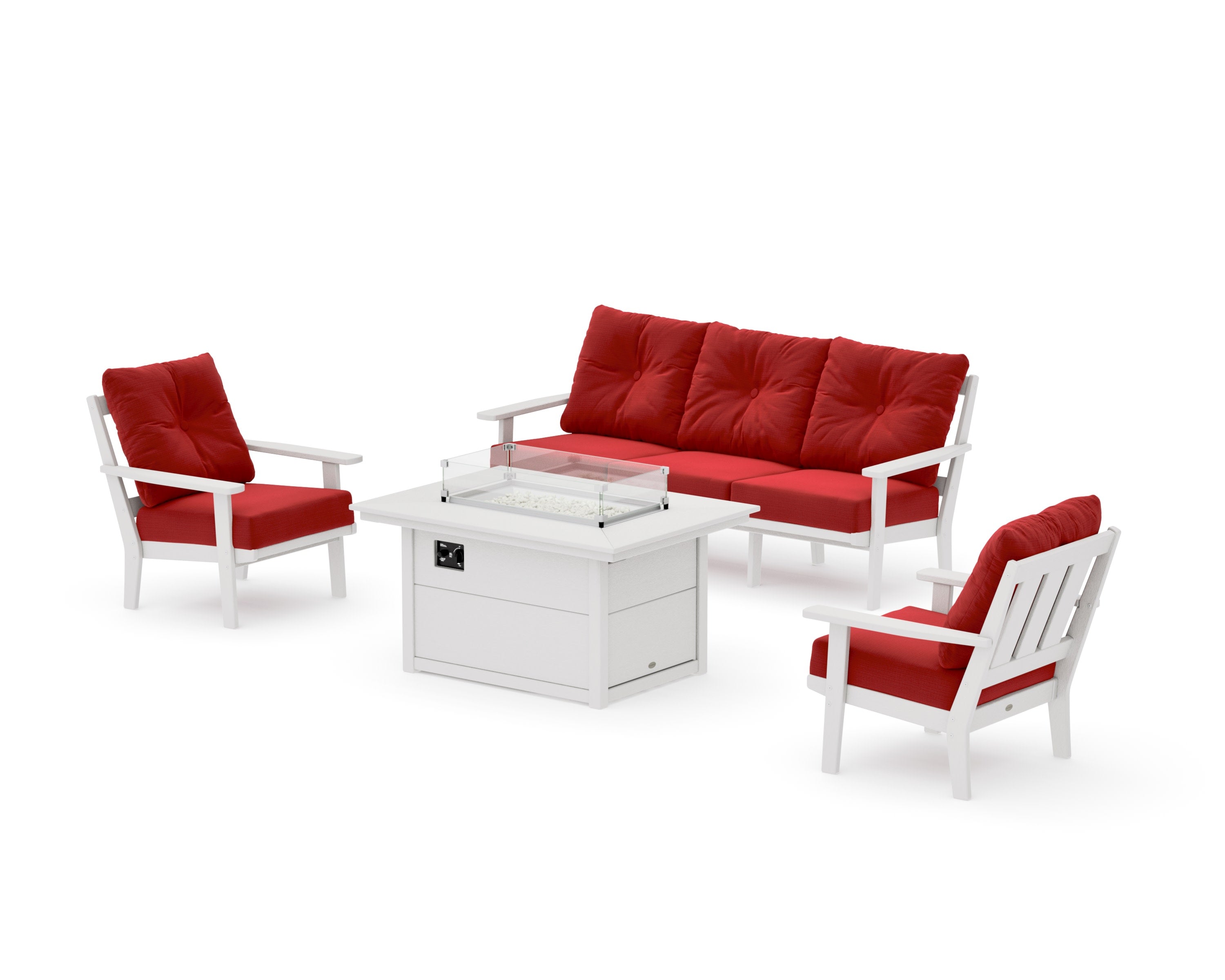 Oxford Deep Seating Fire Pit Table Set in Vintage White / Crimson Linen