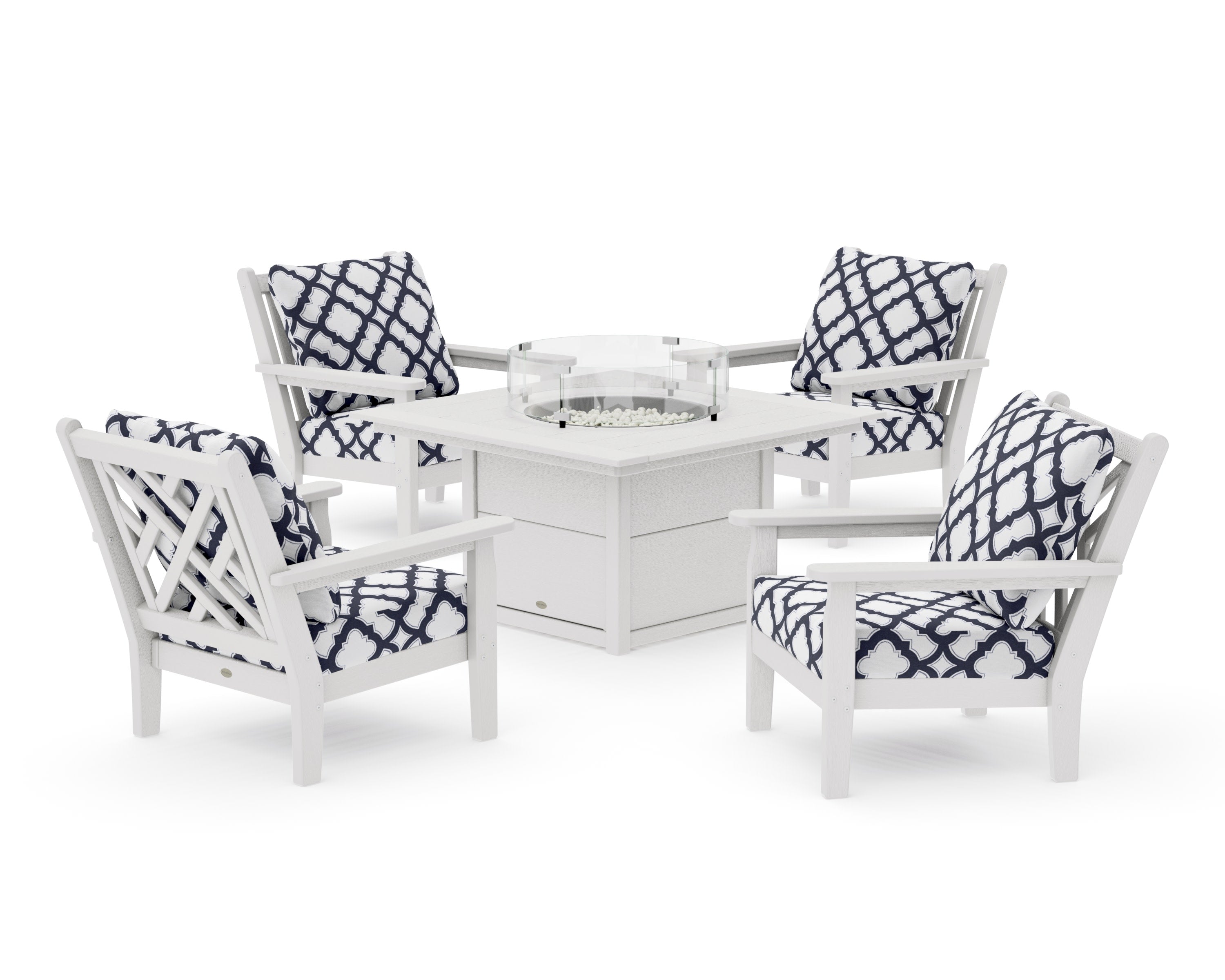 Chippendale 5-Piece Deep Seating Set with Fire Pit Table in Vintage White / Trellis Navy