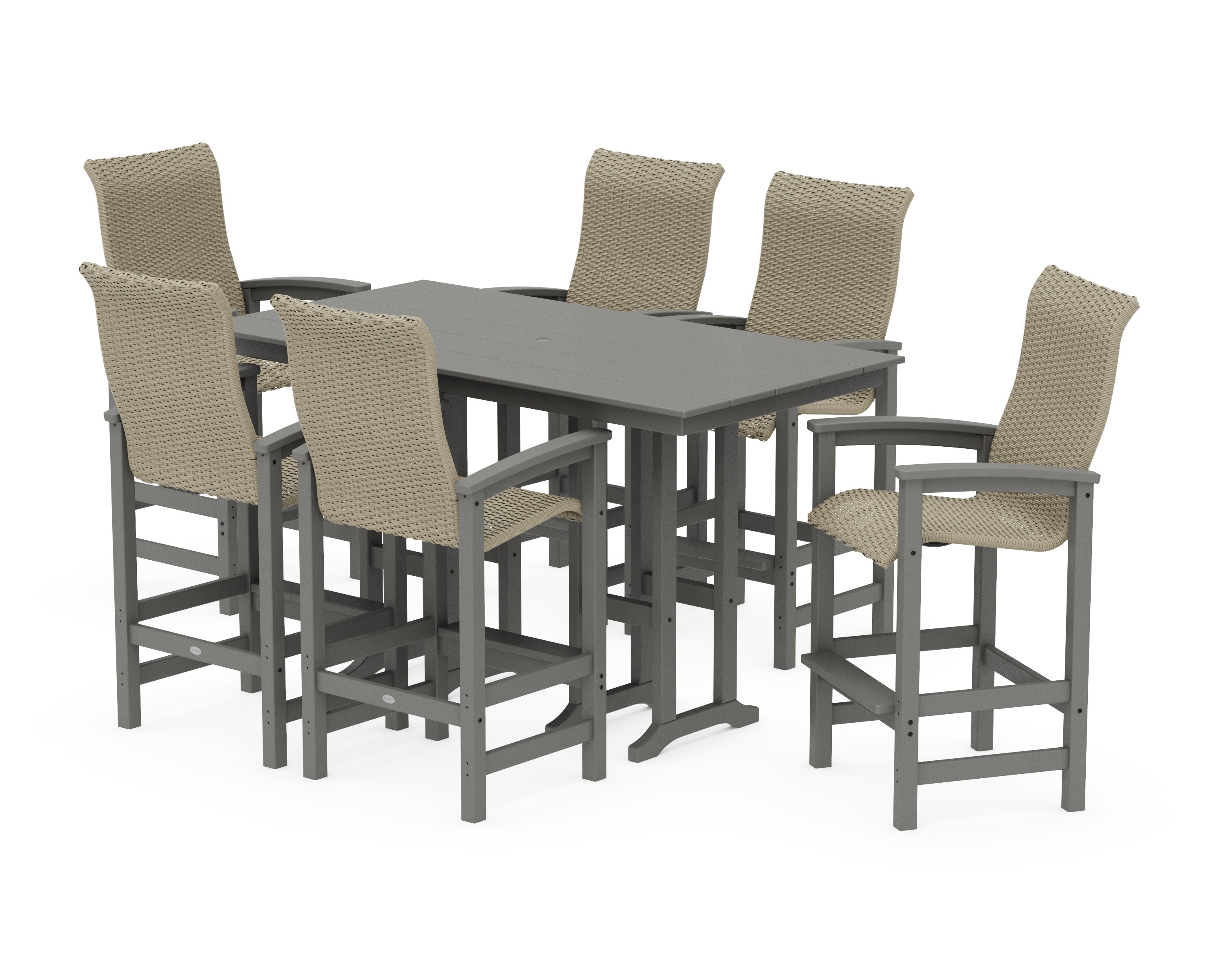 Coastal Woven High-Back Arm Chair 7-Piece Farmhouse Bar Set in Slate Grey / Dune Grass