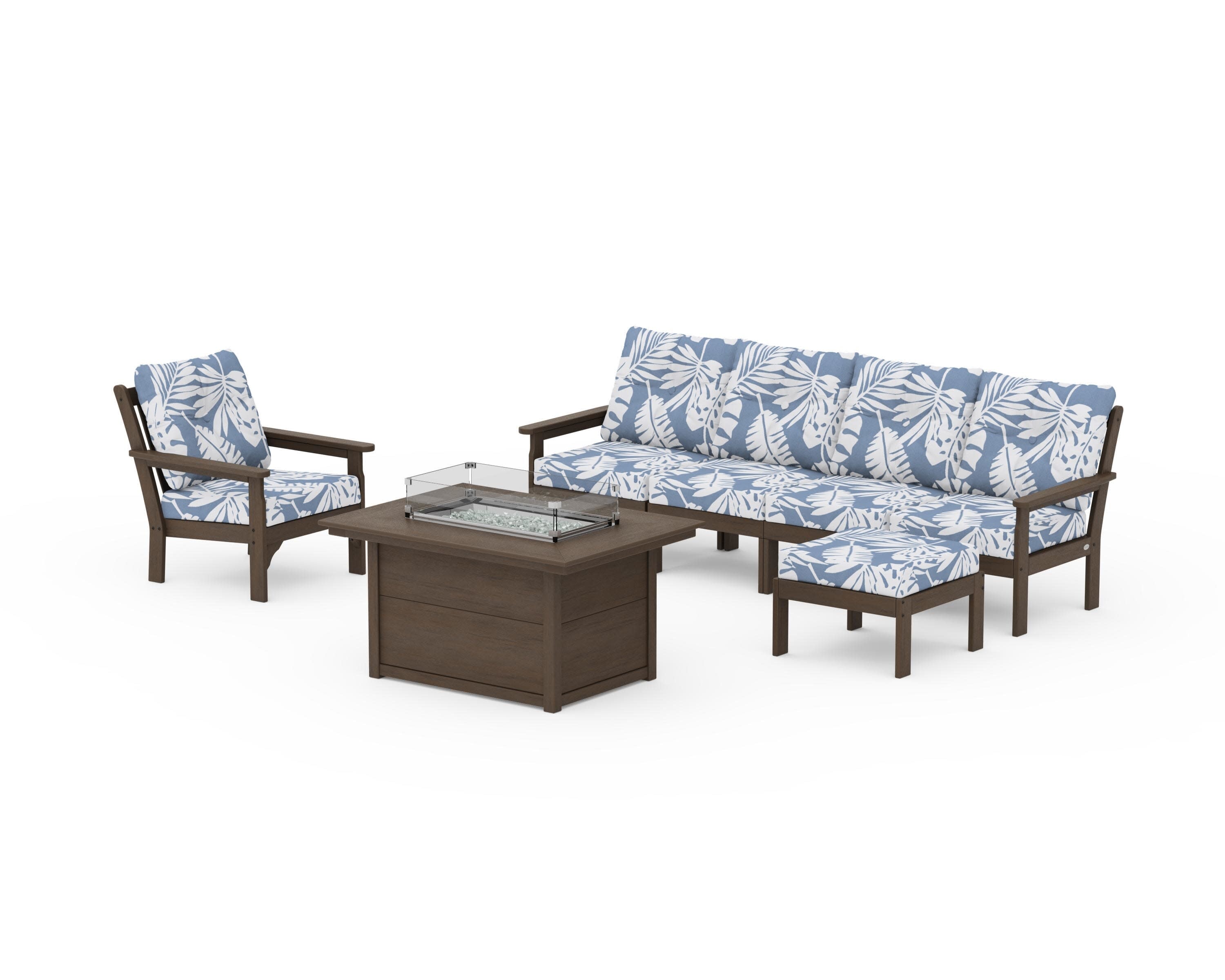 Vineyard Sectional Lounge and Fire Pit Set in Kona / Leaf Sky Blue