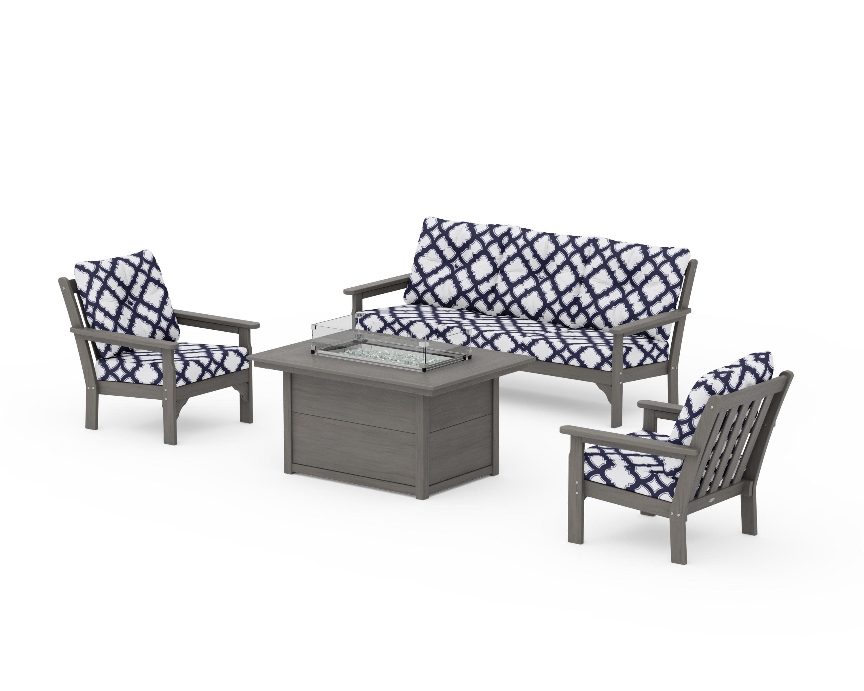 Vineyard Deep Seating Fire Pit Table Set in Driftwood / Trellis Navy