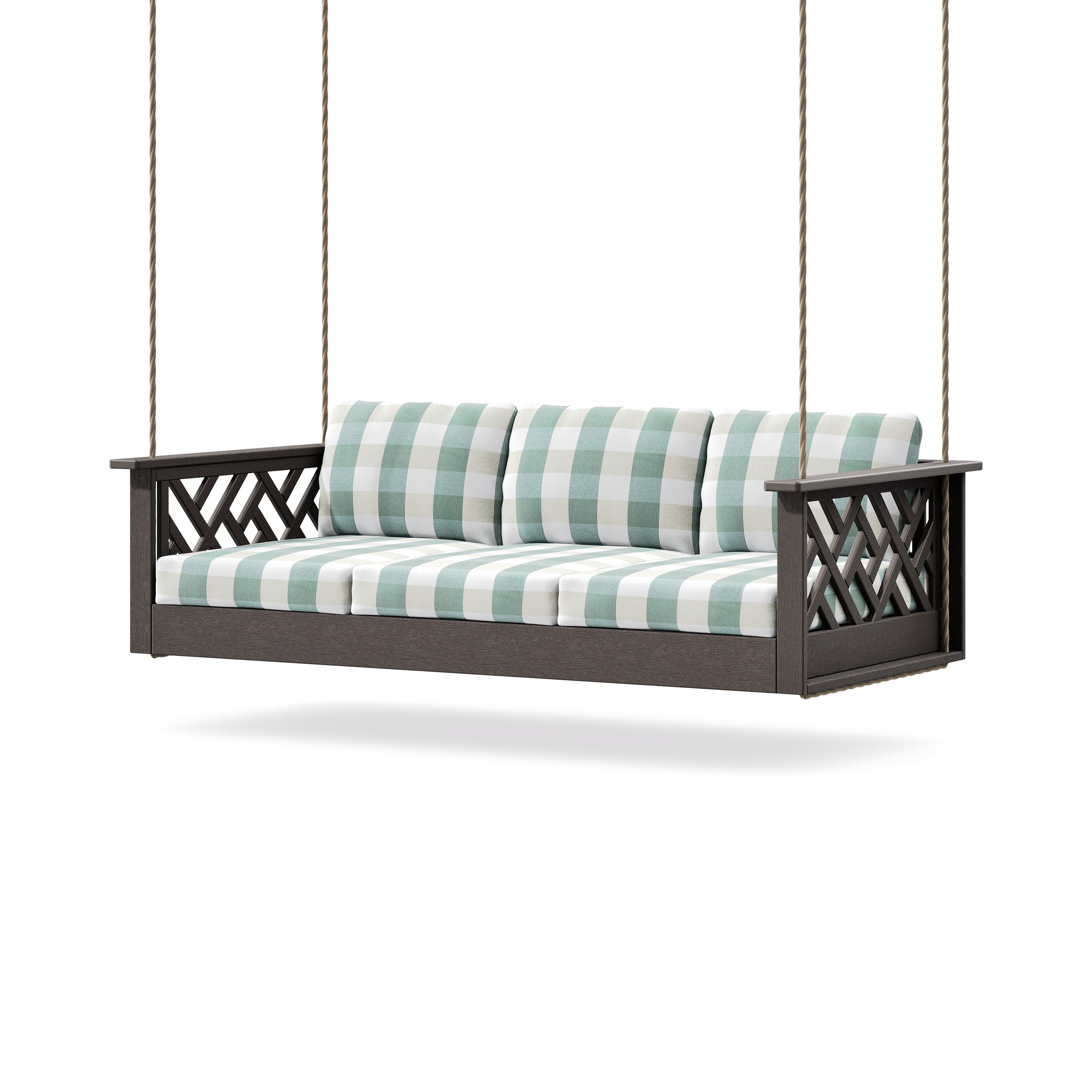 Chippendale Daybed Swing in Vintage Coffee / Buffalo Plaid Glacier Spa