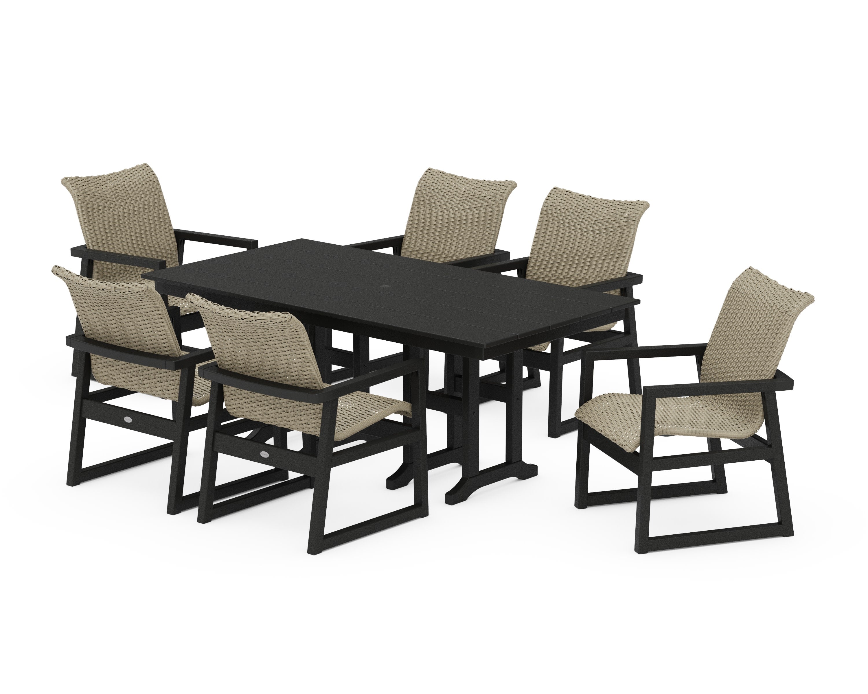 EDGE Woven Arm Chair 7-Piece Farmhouse Dining Set in Black / Dune Grass