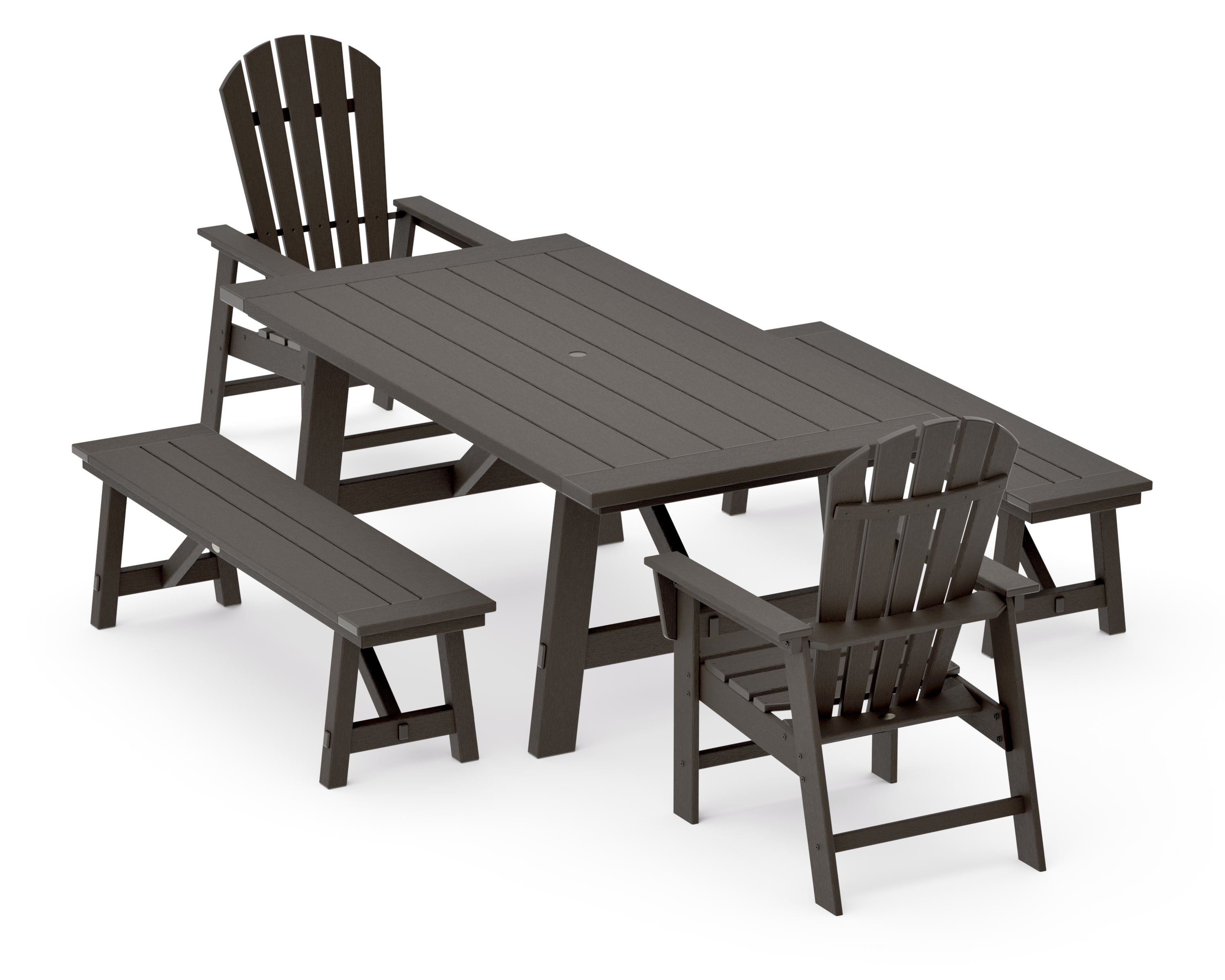South Beach 5-Piece Rustic Farmhouse Dining Set With Benches in Vintage Coffee