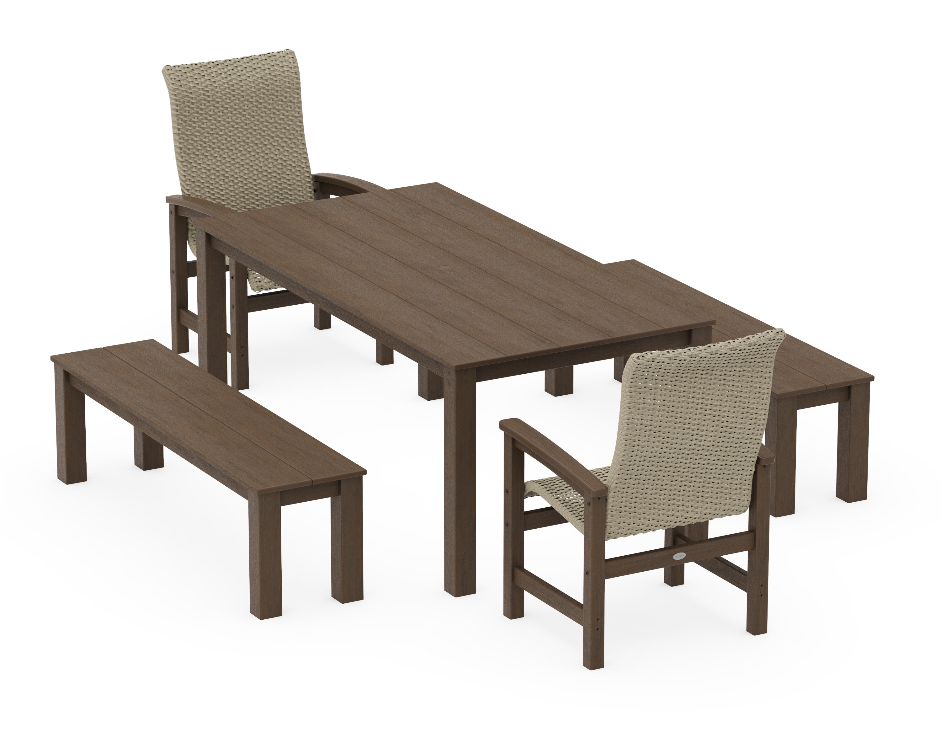 Coastal Woven High-Back 5-Piece Parsons Dining Set with Benches in Kona / Dune Grass