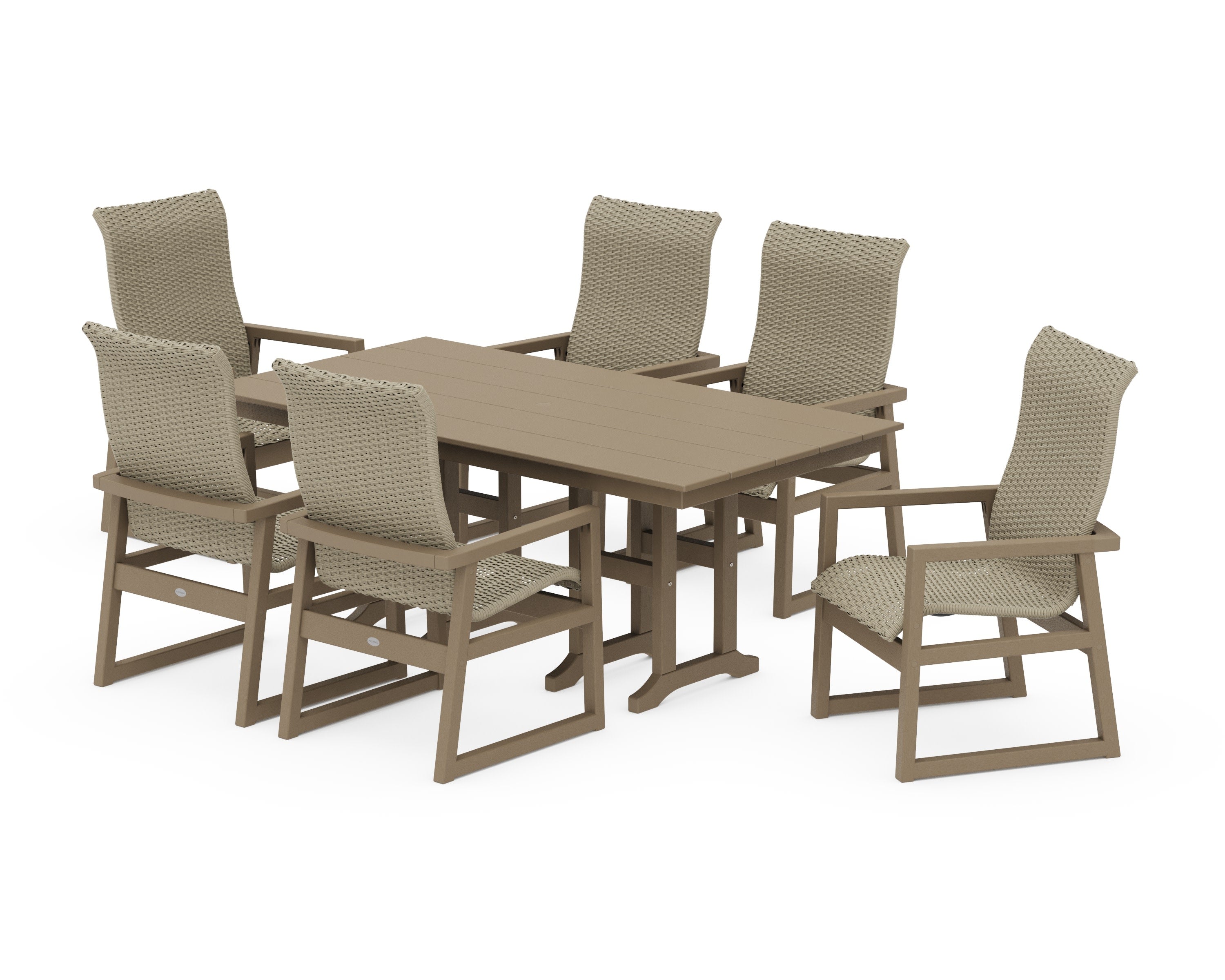 EDGE Woven Highback Arm Chair 7-Piece Farmhouse Dining Set in Vintage Sahara / Dune Grass
