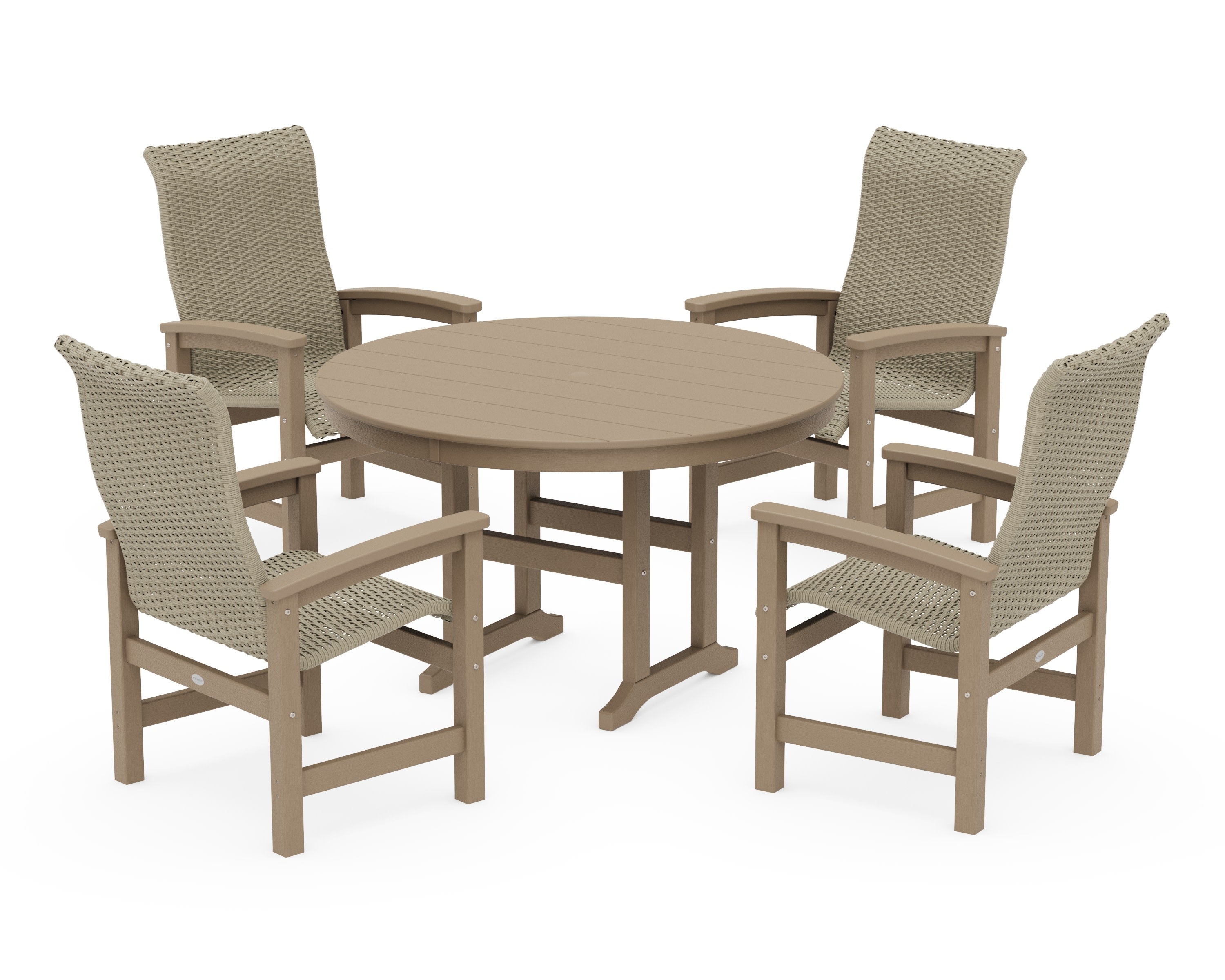 Coastal Woven High-Back 5-Piece Round Farmhouse Dining Set in Vintage Sahara / Dune Grass