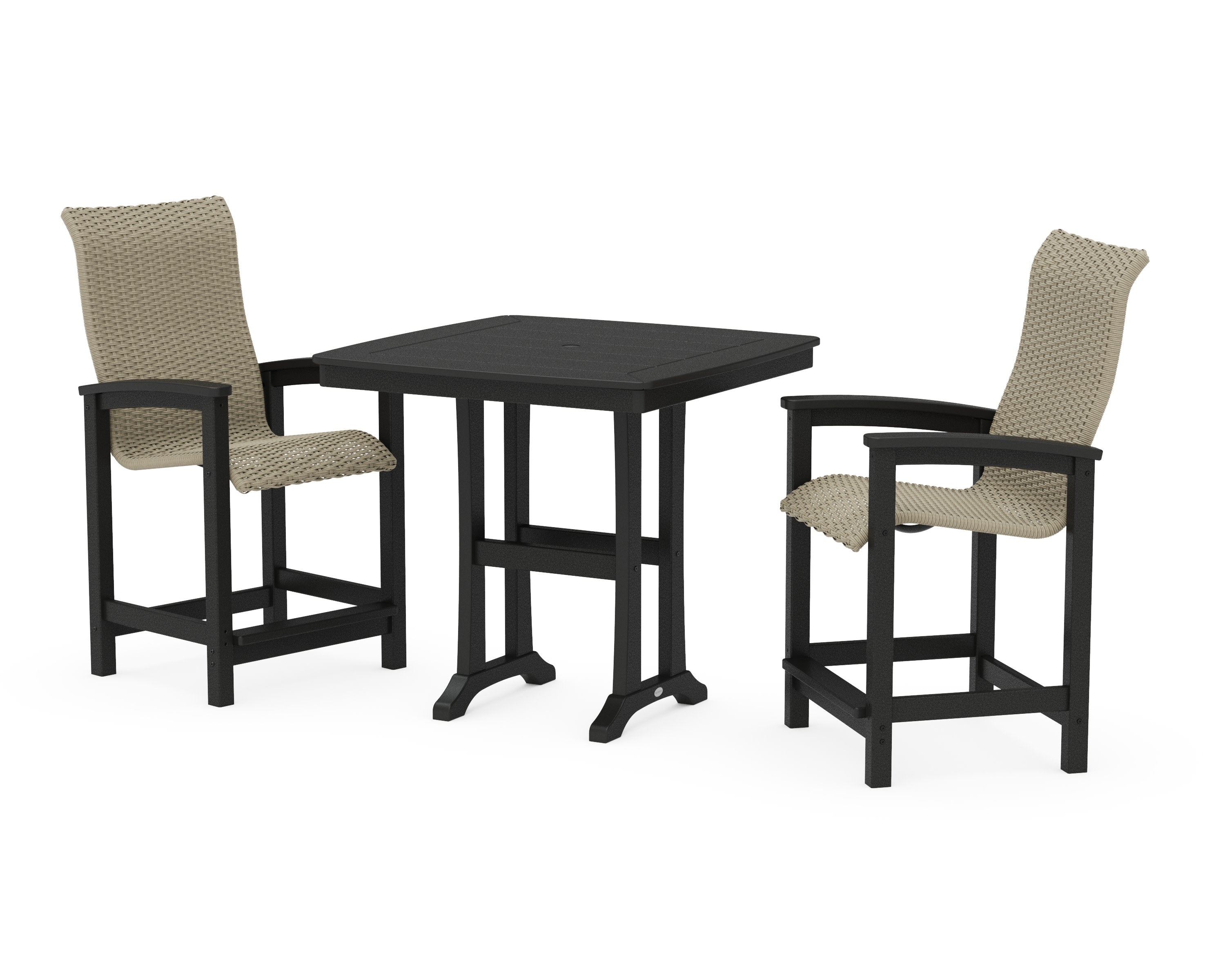 Coastal Woven High-Back 3-Piece Counter Set with Trestle Legs in Black / Dune Grass