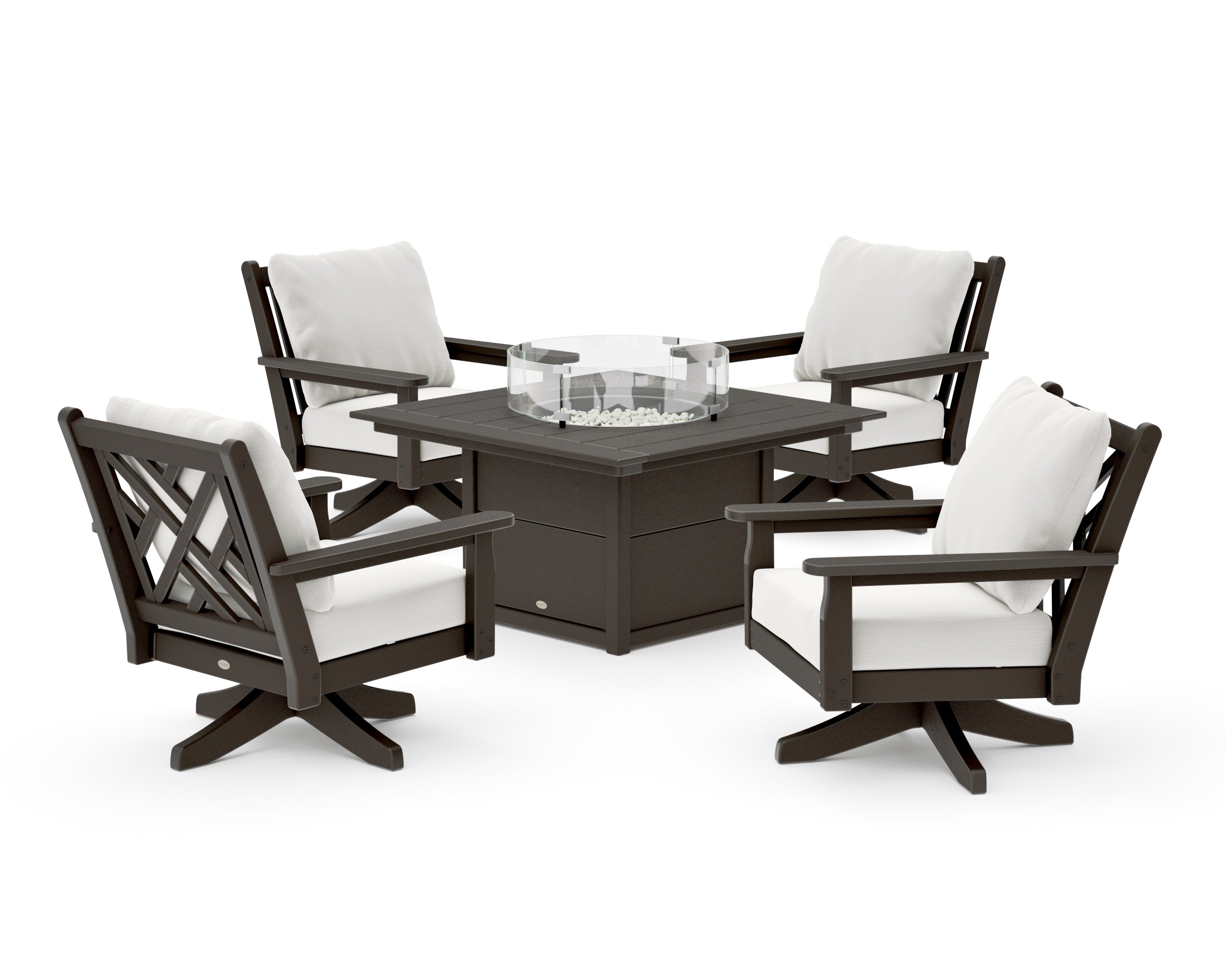 Chippendale 5-Piece Deep Seating Swivel Conversation Set with Fire Pit Table in Vintage Coffee / Natural Linen