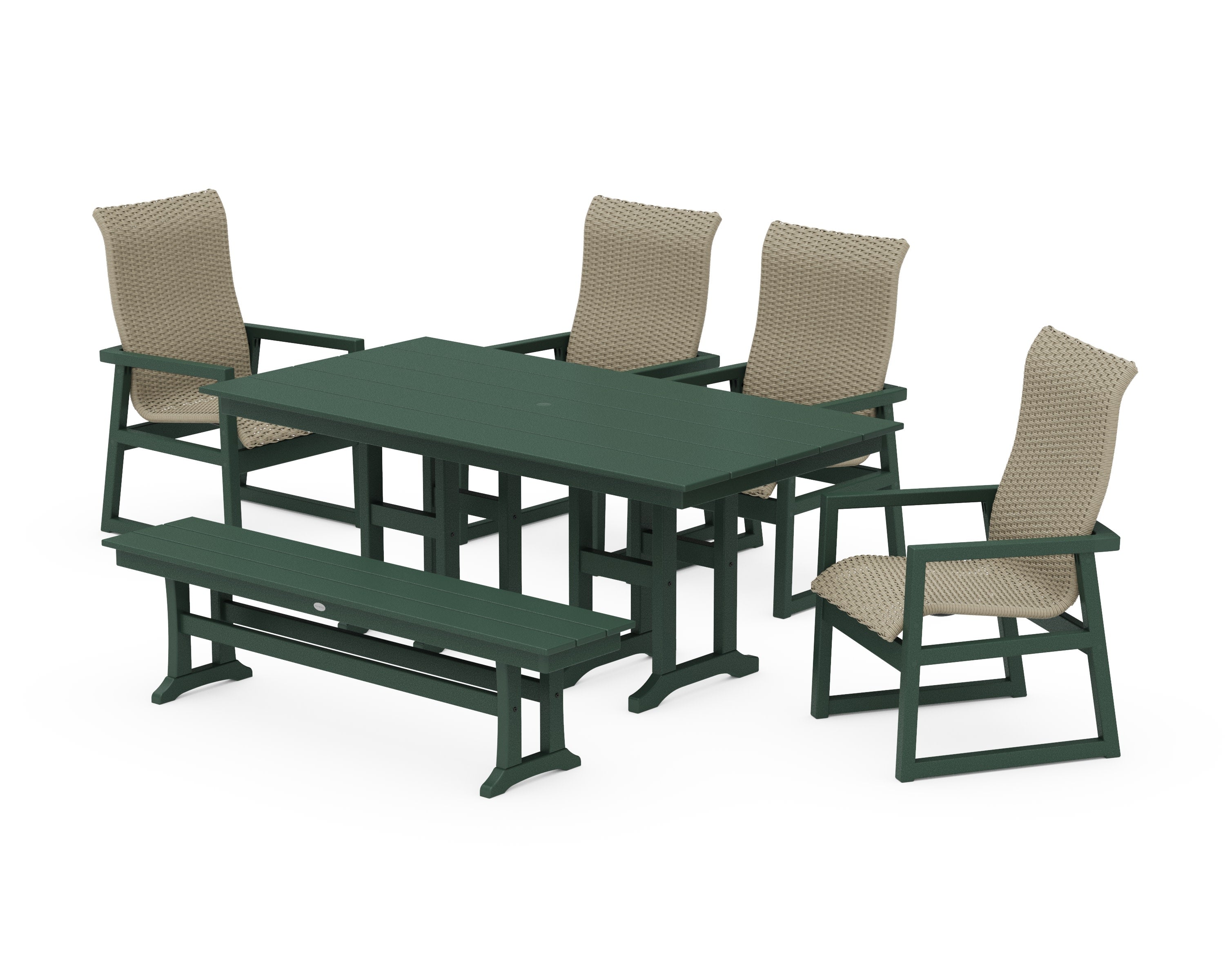 EDGE Woven Highback 6-Piece Farmhouse Dining Set with Bench in Green / Dune Grass