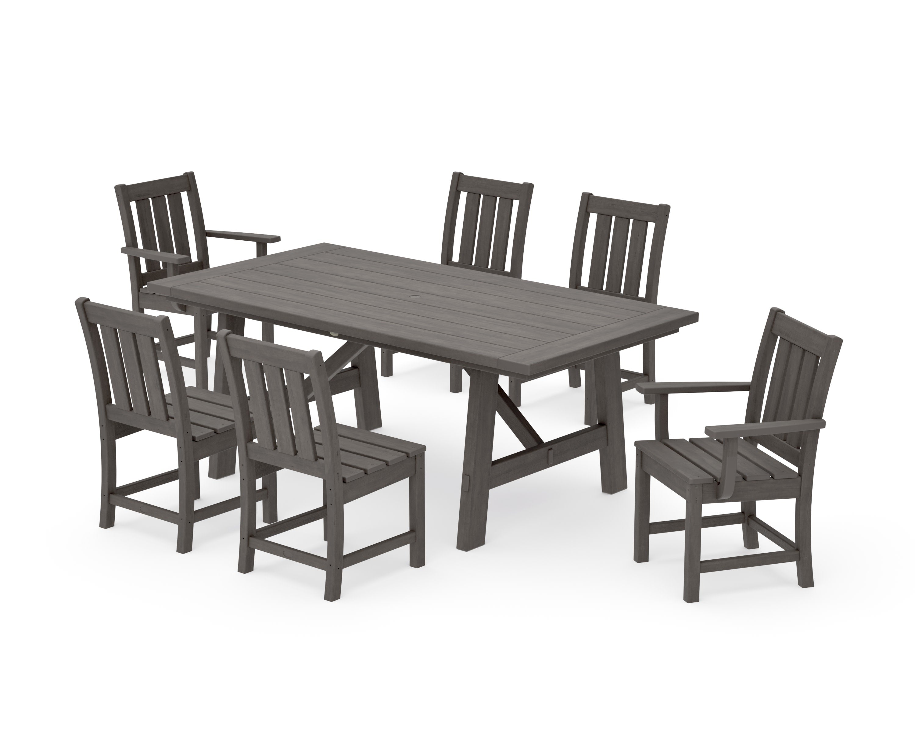Oxford Arm Chair 7-Piece Rustic Farmhouse Dining Set in Driftwood