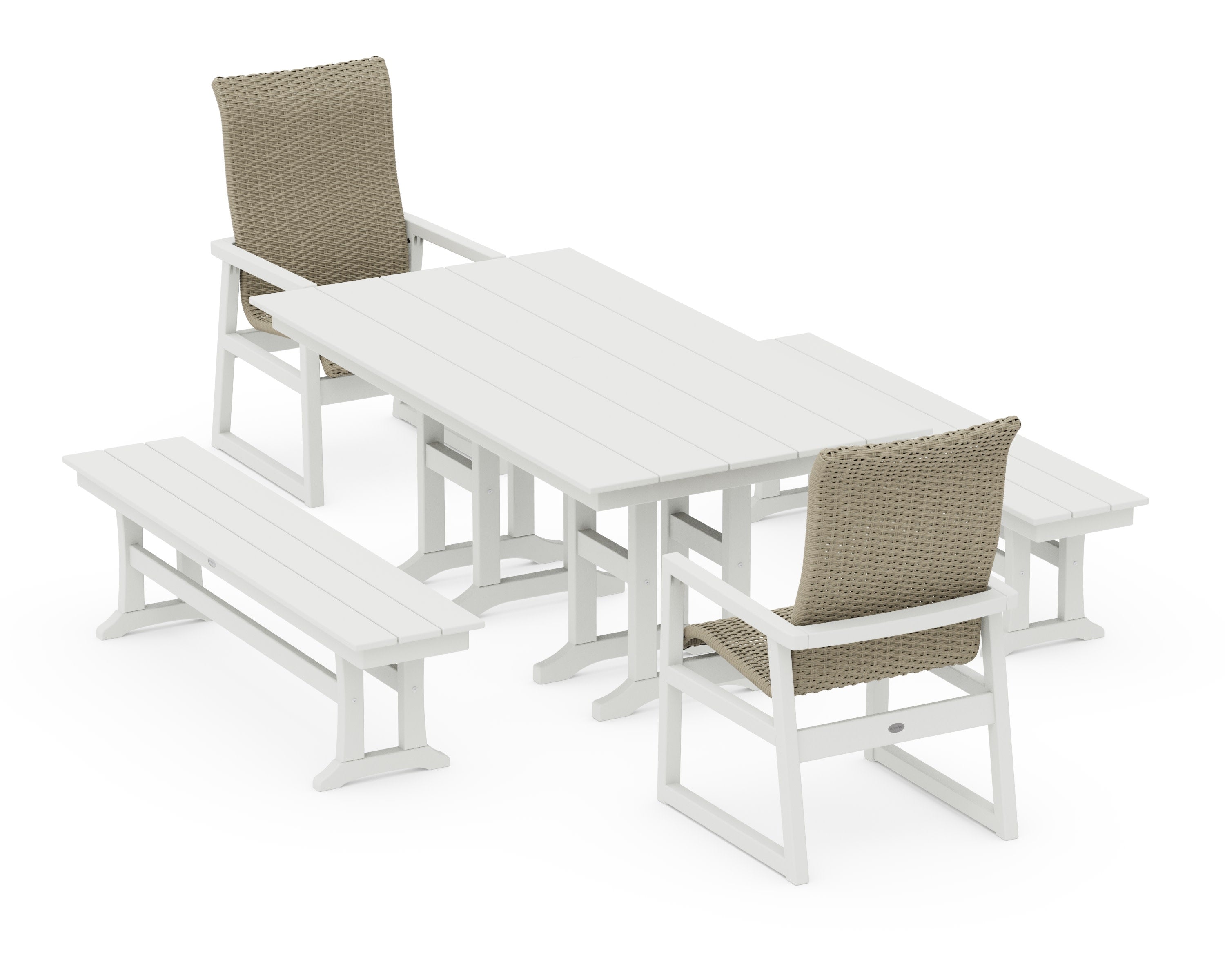 EDGE Woven Highback 5-Piece Farmhouse Dining Set with Benches in Vintage White / Dune Grass