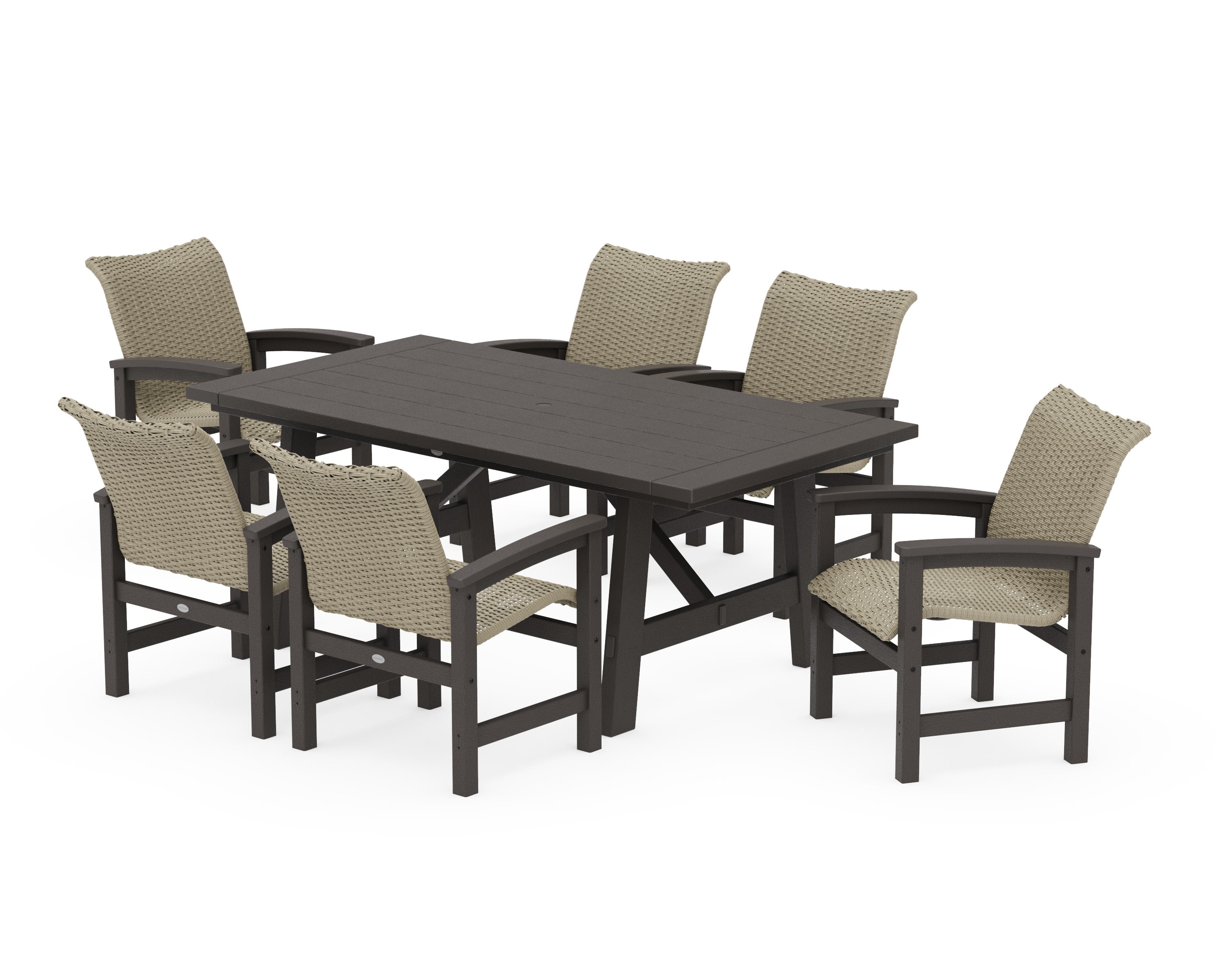 Coastal Woven Arm Chair 7-Piece Rustic Farmhouse Dining Set in Vintage Coffee / Dune Grass