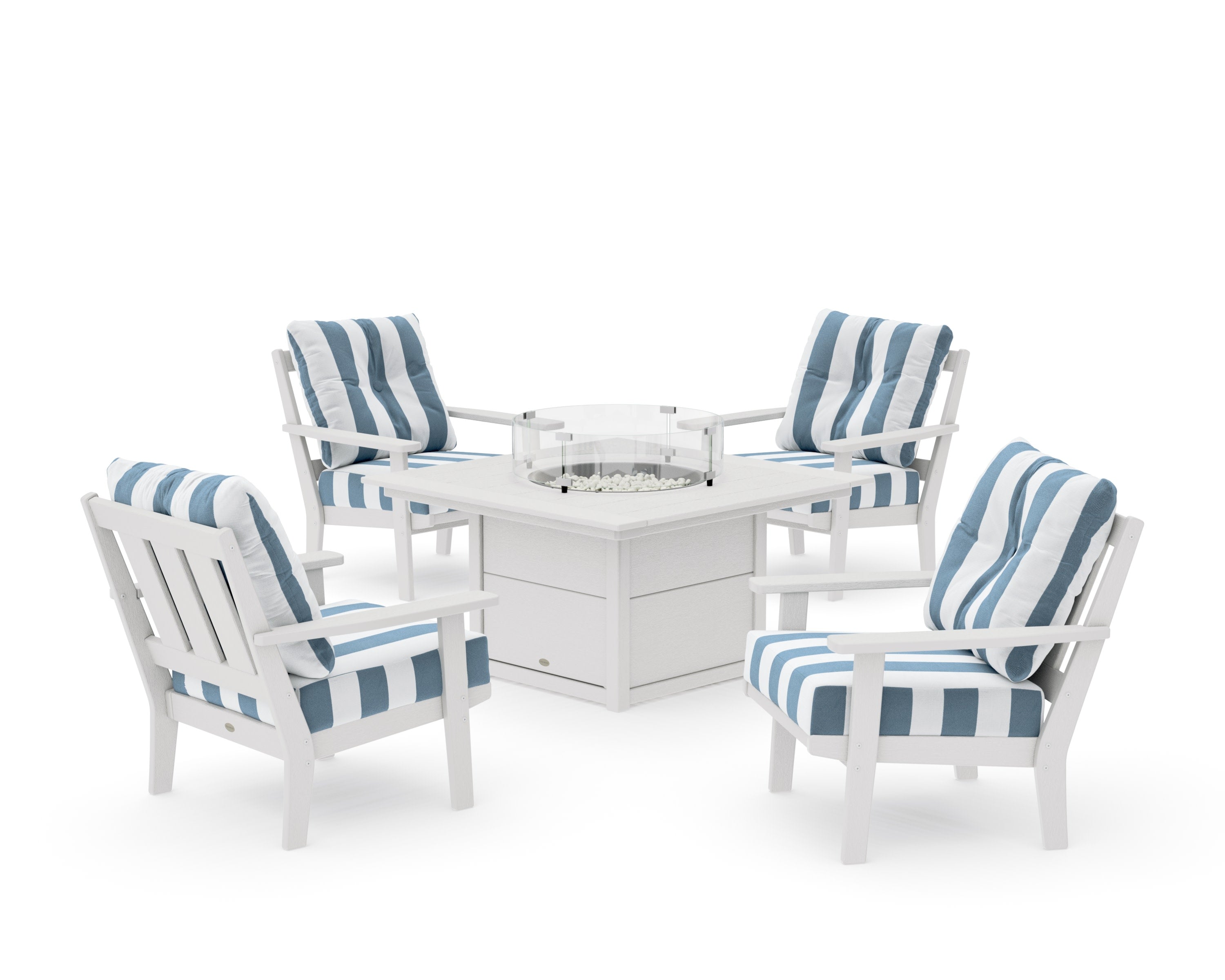 Oxford 5-Piece Deep Seating Set with Fire Pit Table in Vintage White / Cabana Stripe Sky Blue