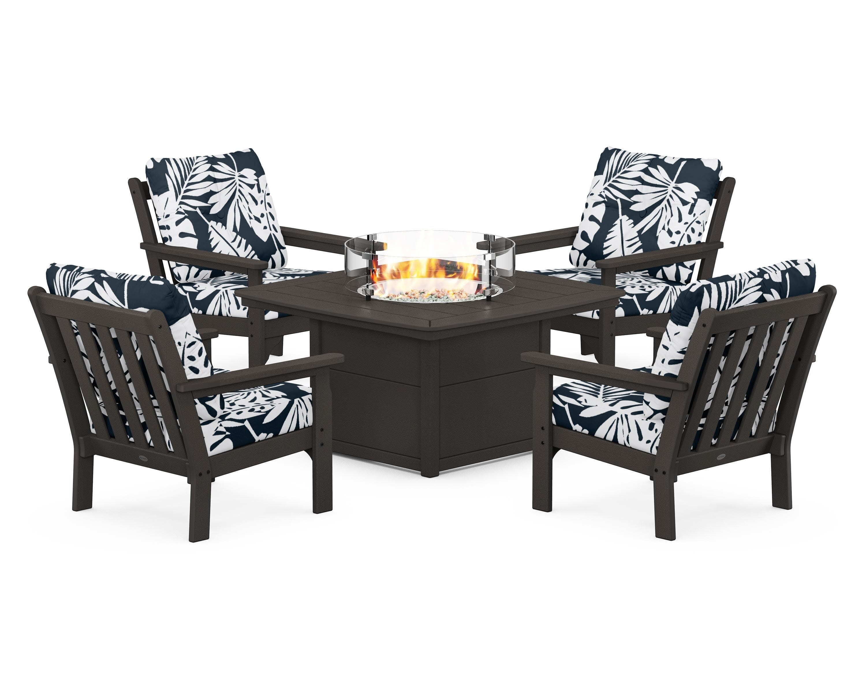 Vineyard 5-Piece Conversation Set with Fire Pit Table in Vintage Coffee / Leaf Marine Indigo
