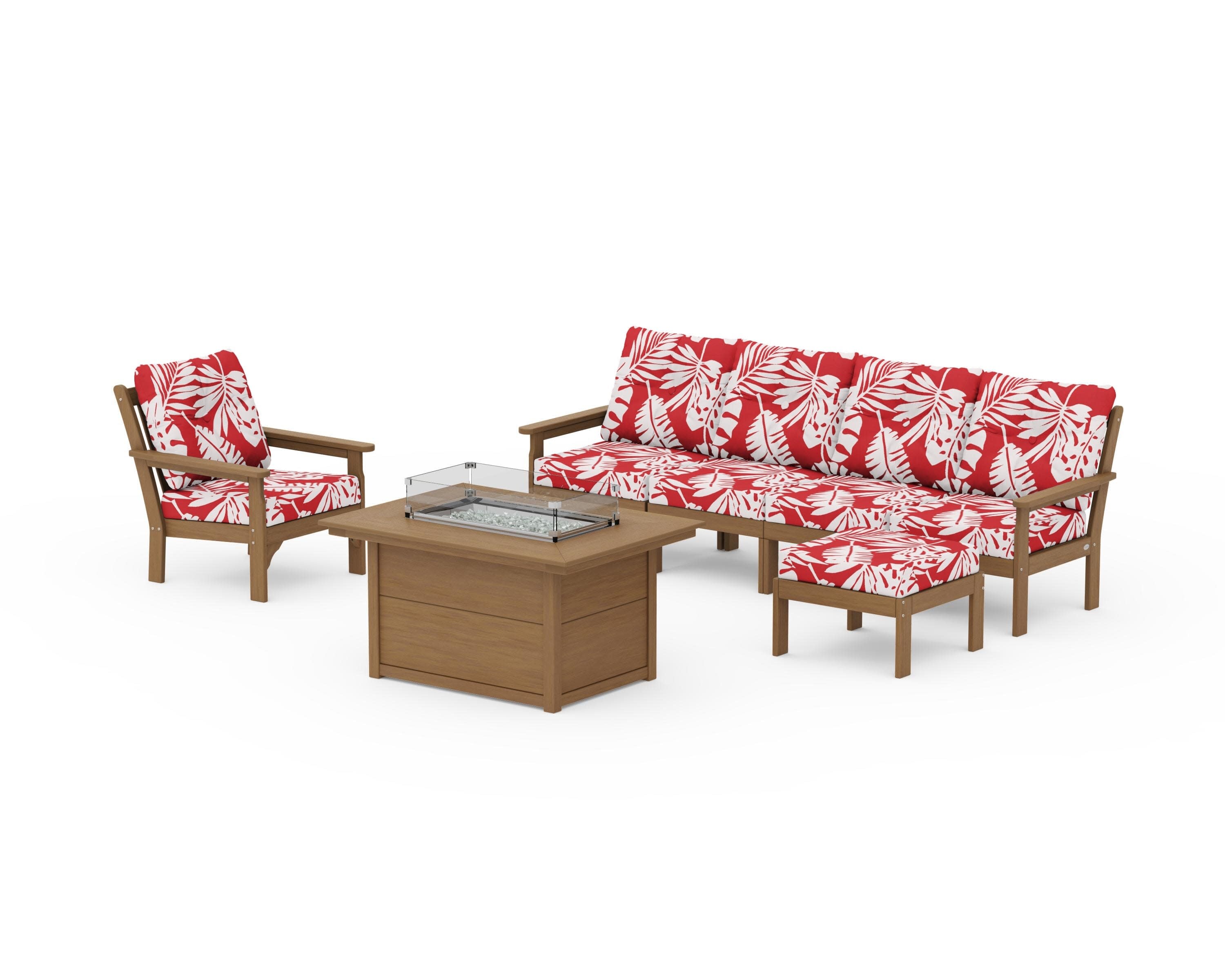 Vineyard Sectional Lounge and Fire Pit Set in Natural / Leaf Crimson