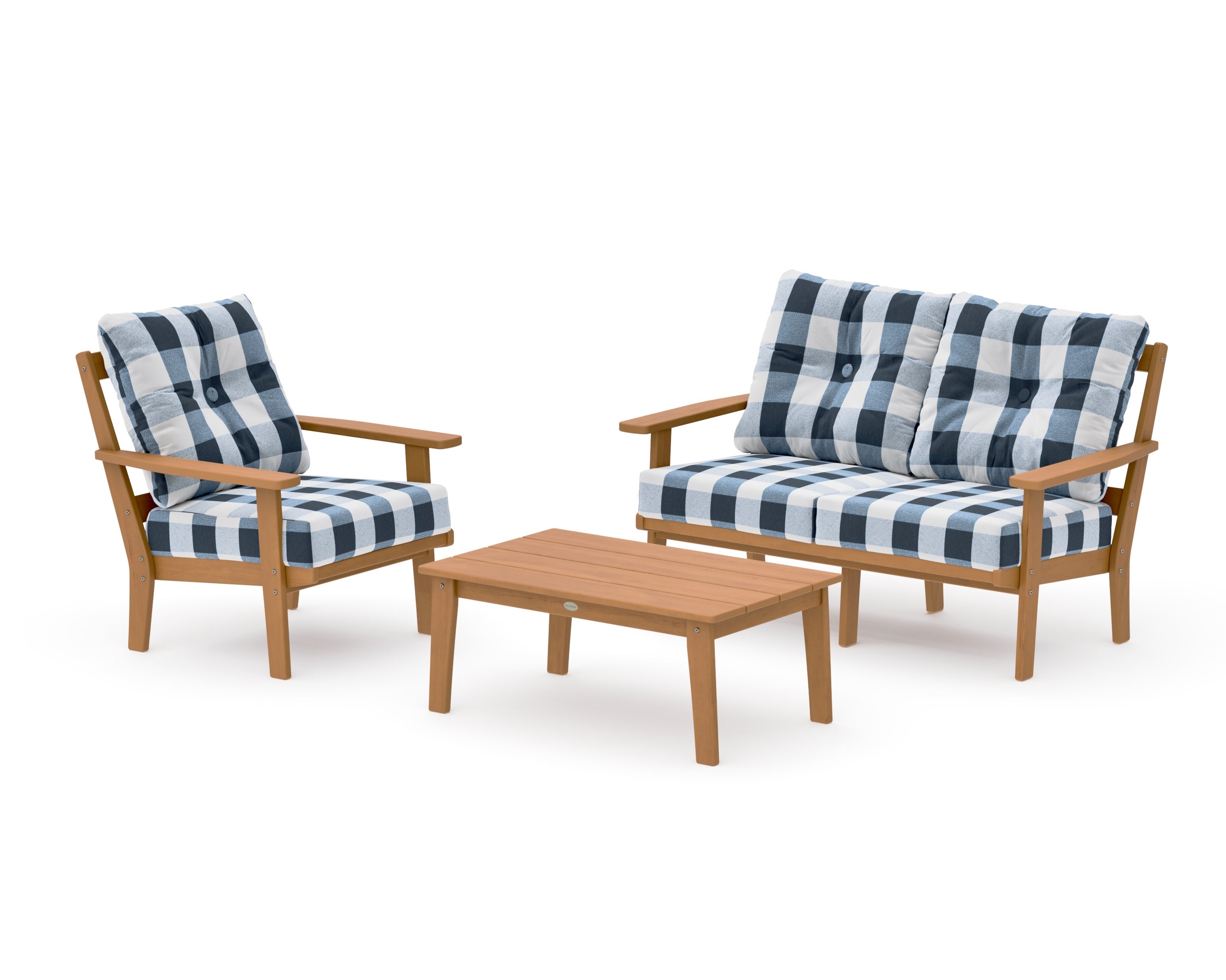 Oxford 3-Piece Deep Seating Set with Loveseat in Natural / Buffalo Plaid Marine Indigo
