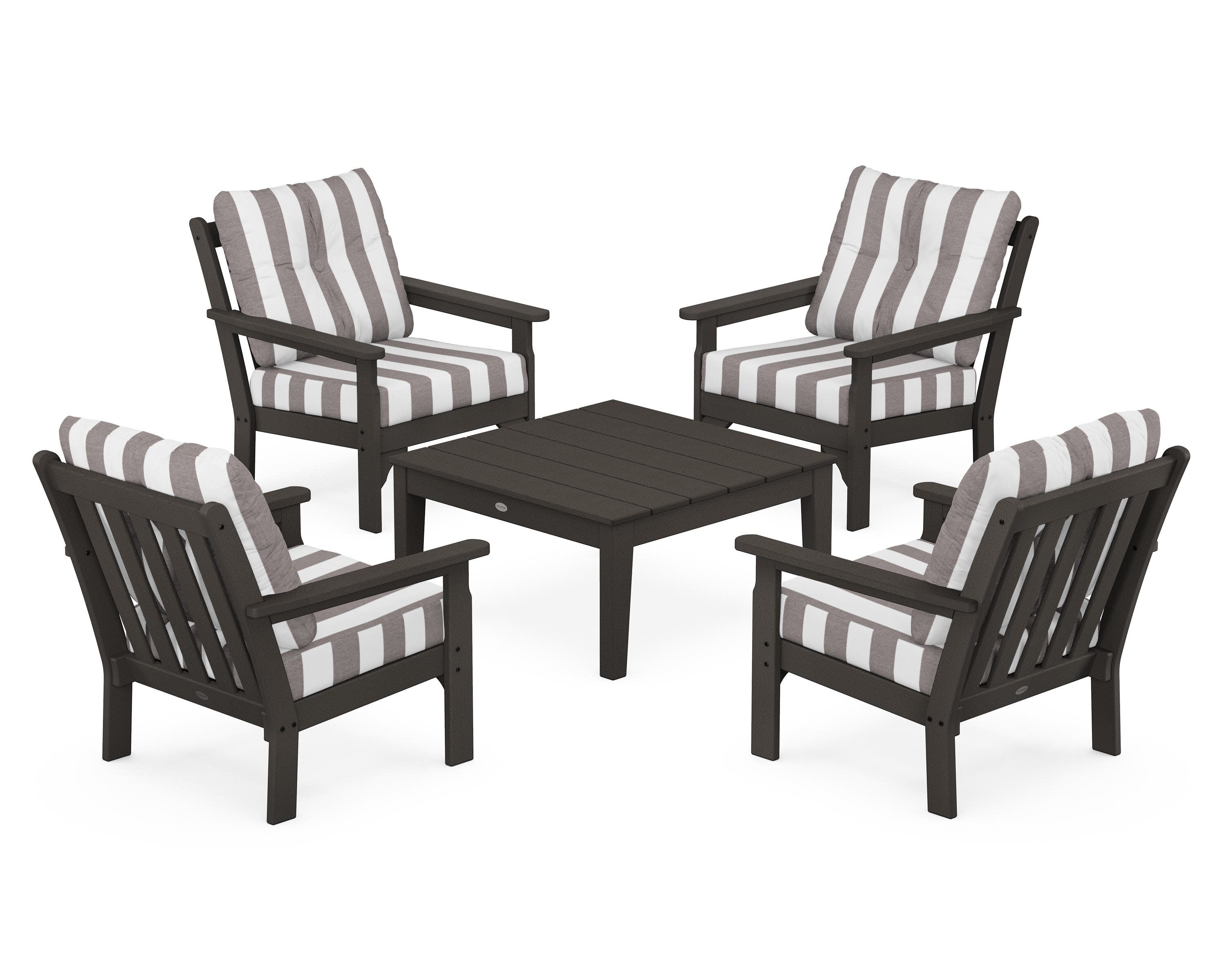 Vineyard 5-Piece Deep Seating Conversation Set in Vintage Coffee / Cabana Stripe Grey Mist