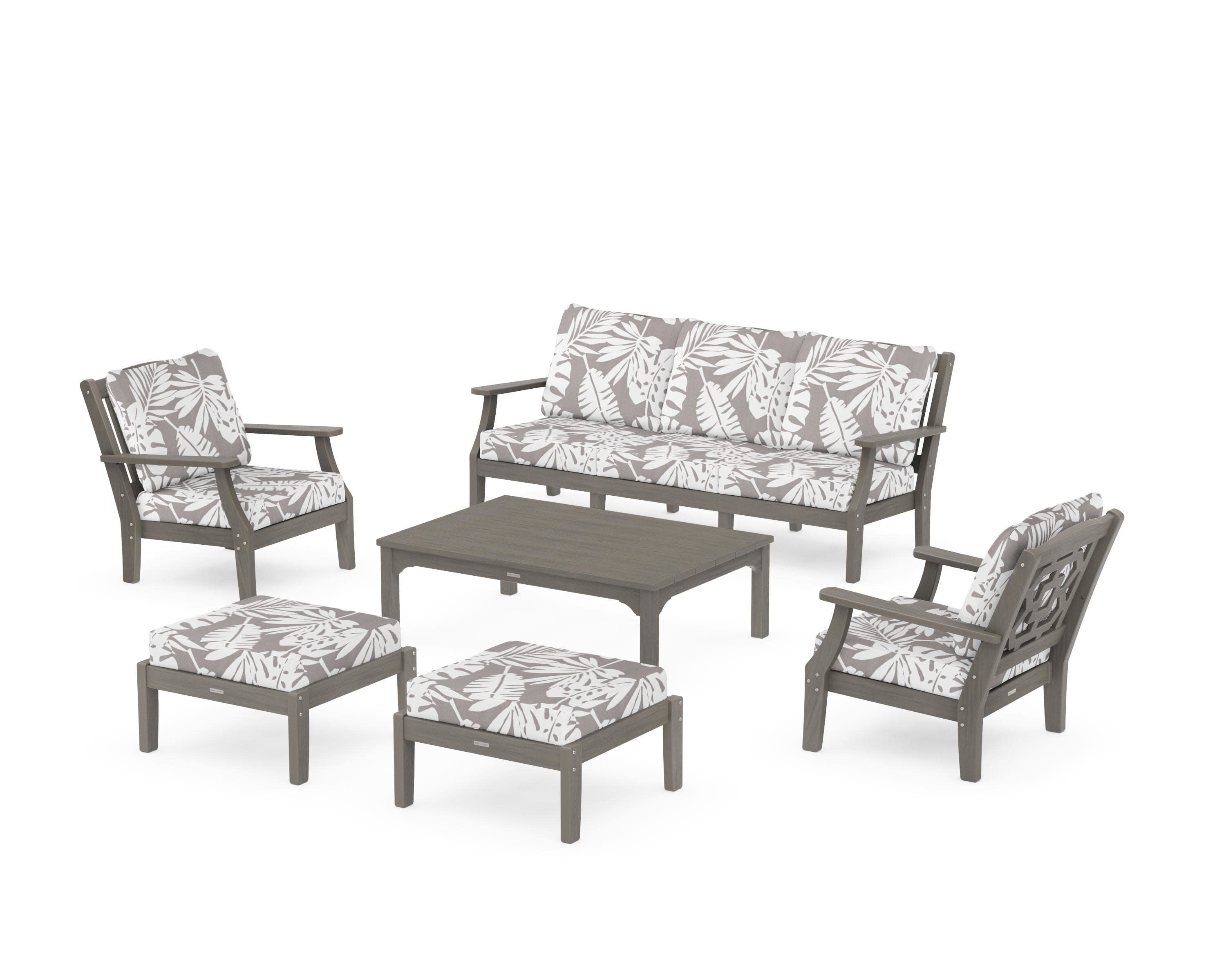 Chinoiserie 6-Piece Lounge Sofa Set in Driftwood / Leaf Grey Mist