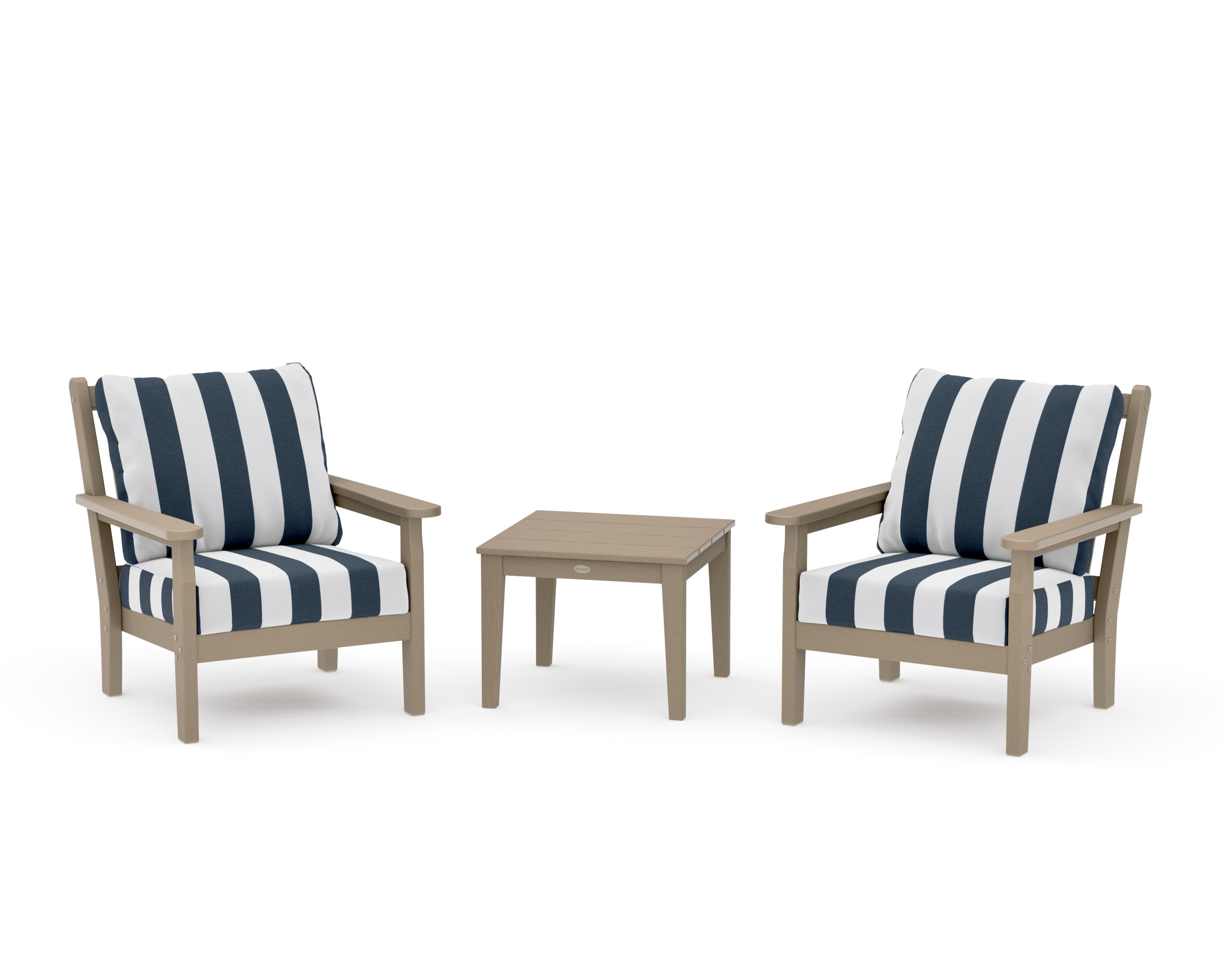 Chippendale 3-Piece Deep Seating Set in Vintage Sahara / Cabana Stripe Marine Indigo