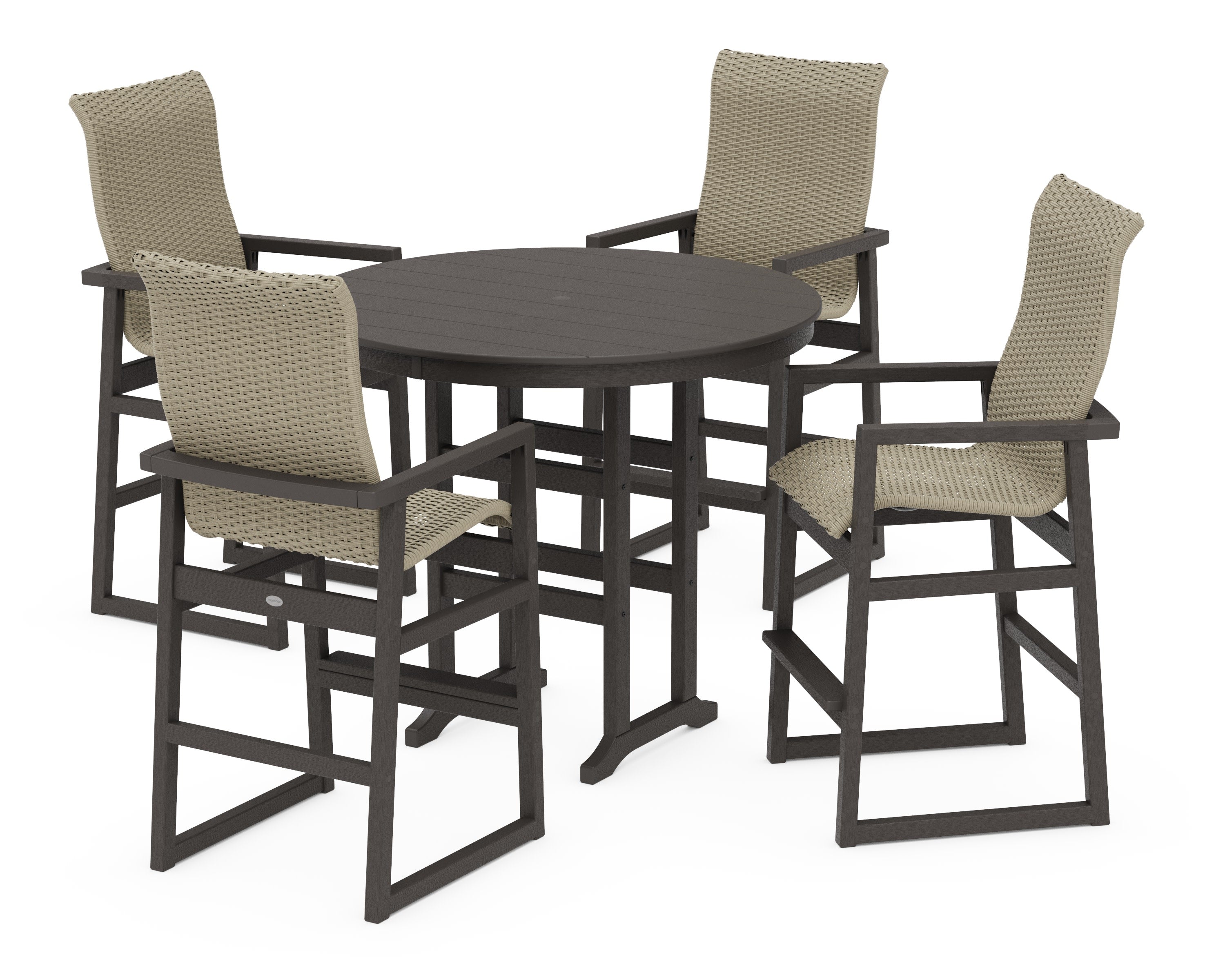 EDGE Woven Highback 5-Piece Round Farmhouse Bar Set in Vintage Coffee / Dune Grass