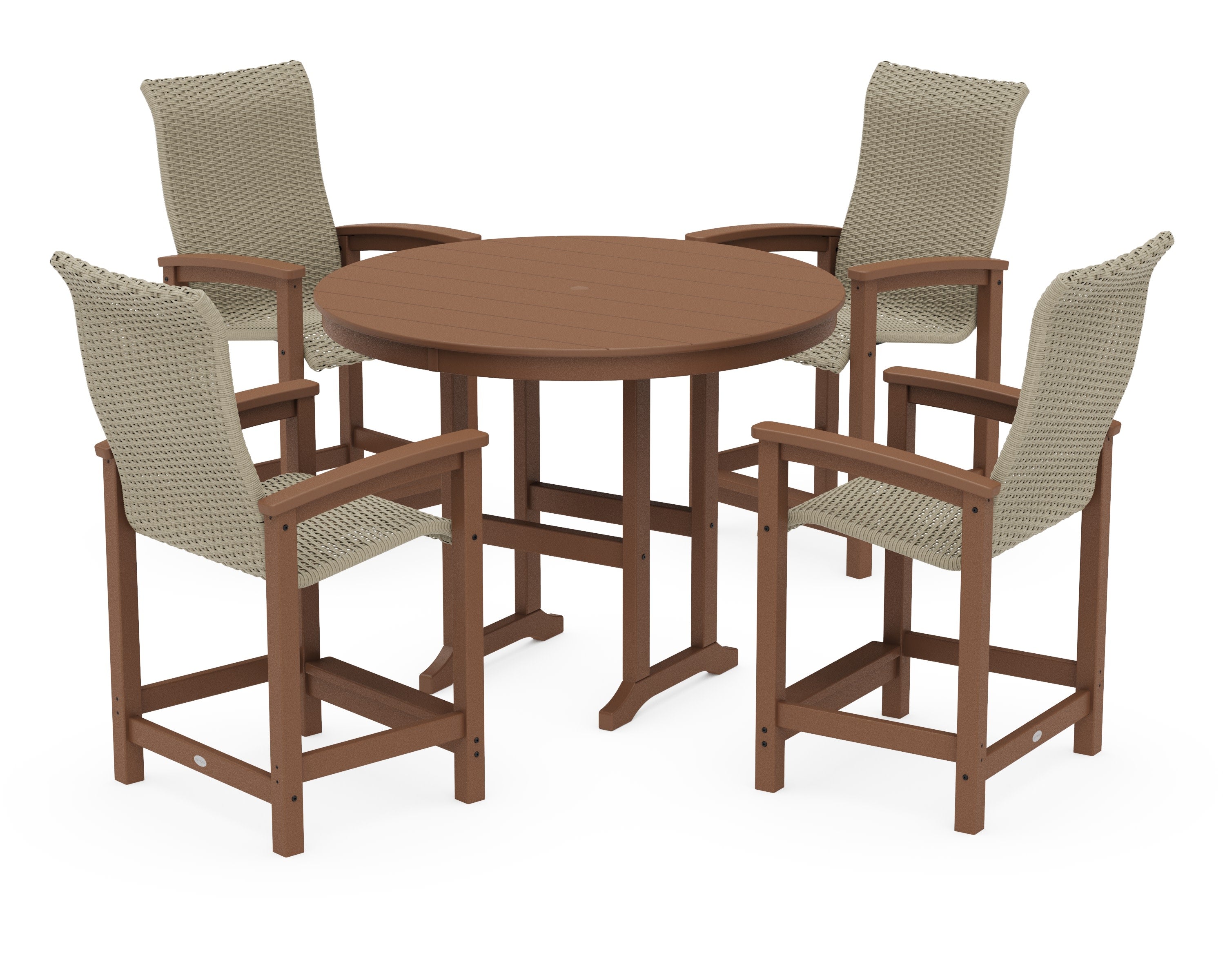 Coastal Woven High-Back 5-Piece Round Farmhouse Counter Set in Teak / Dune Grass