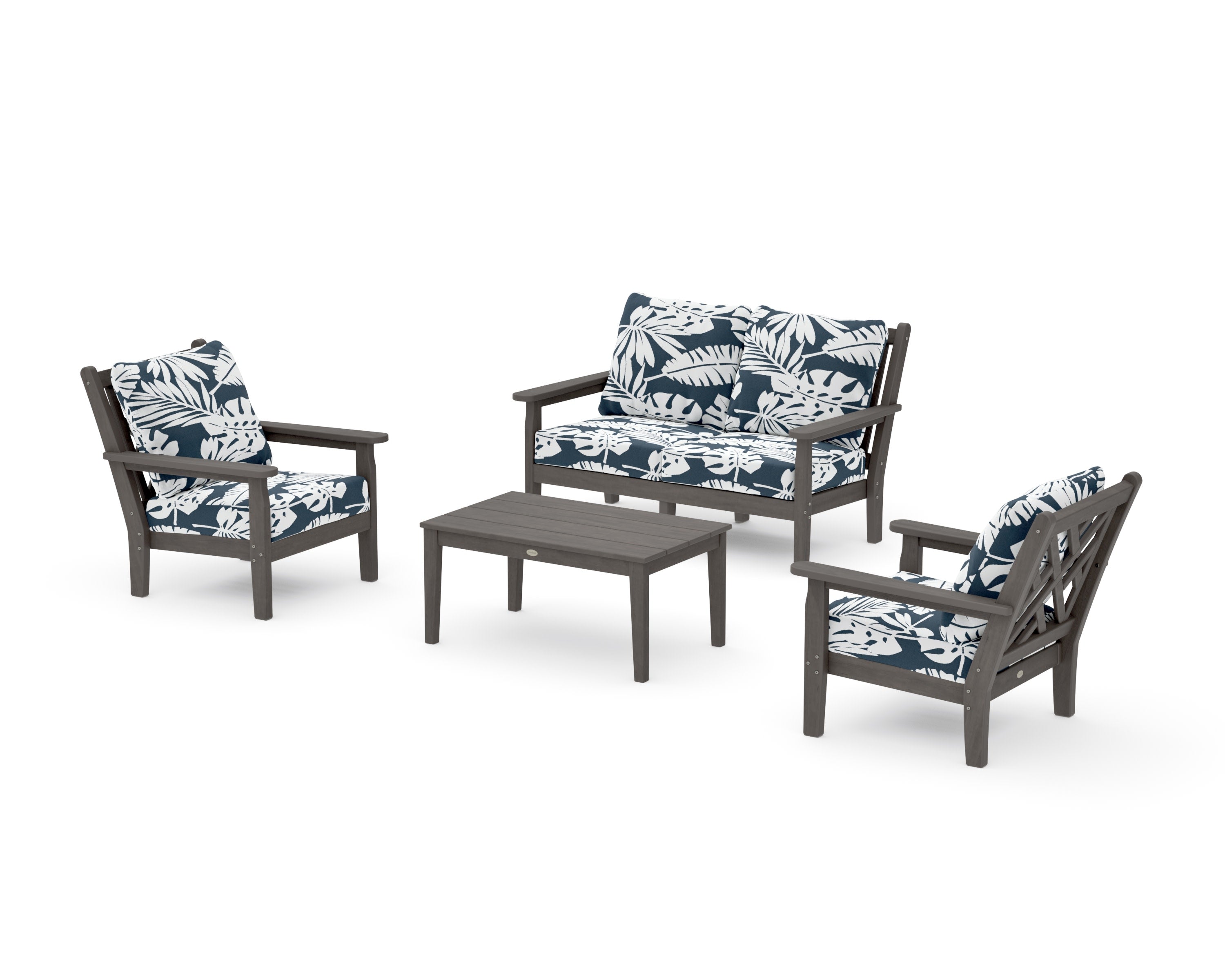 Chippendale 4-Piece Deep Seating Set with Loveseat in Driftwood / Leaf Marine Indigo
