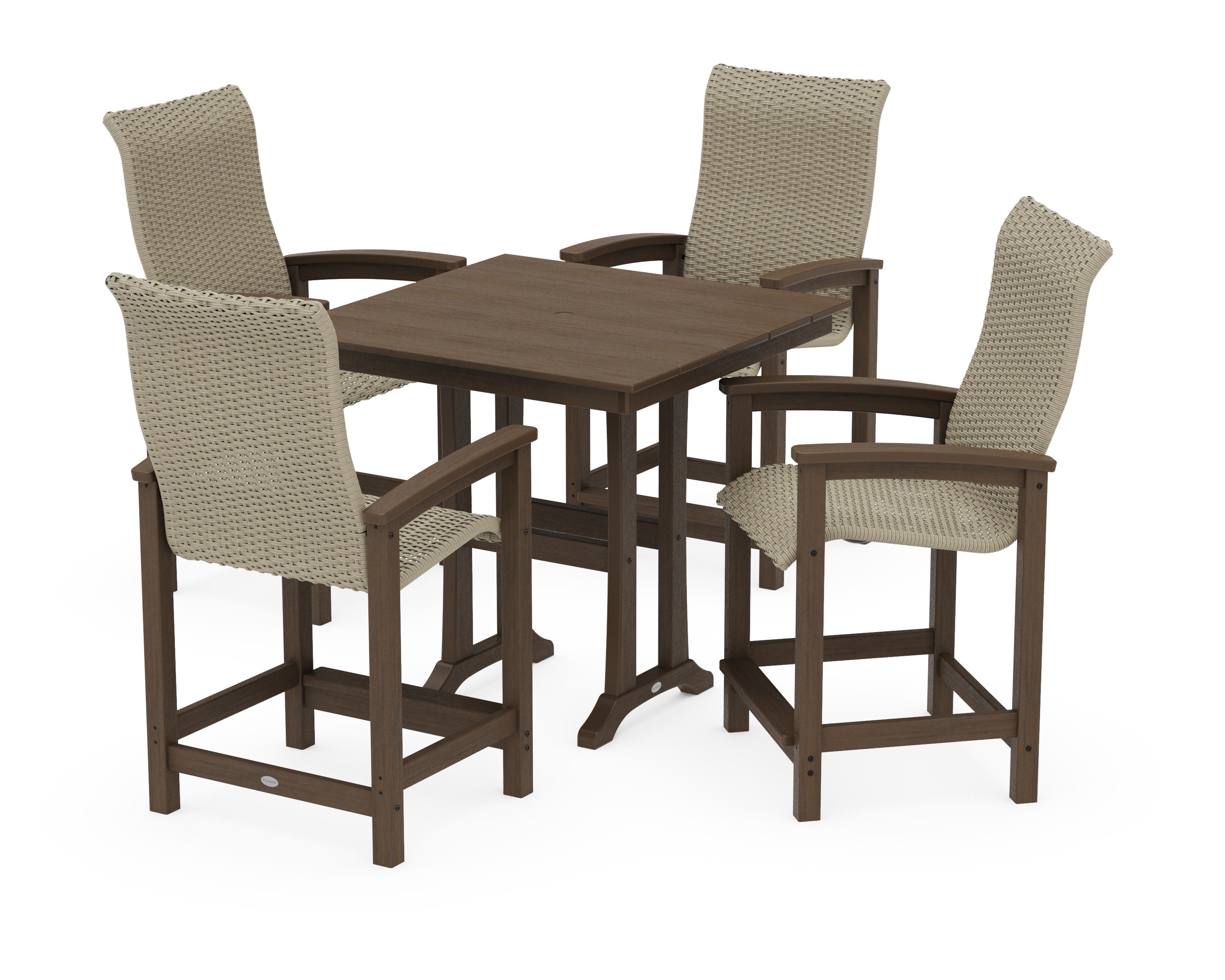 Coastal Woven High-Back 5-Piece Farmhouse Counter Set with Trestle Legs in Kona / Dune Grass