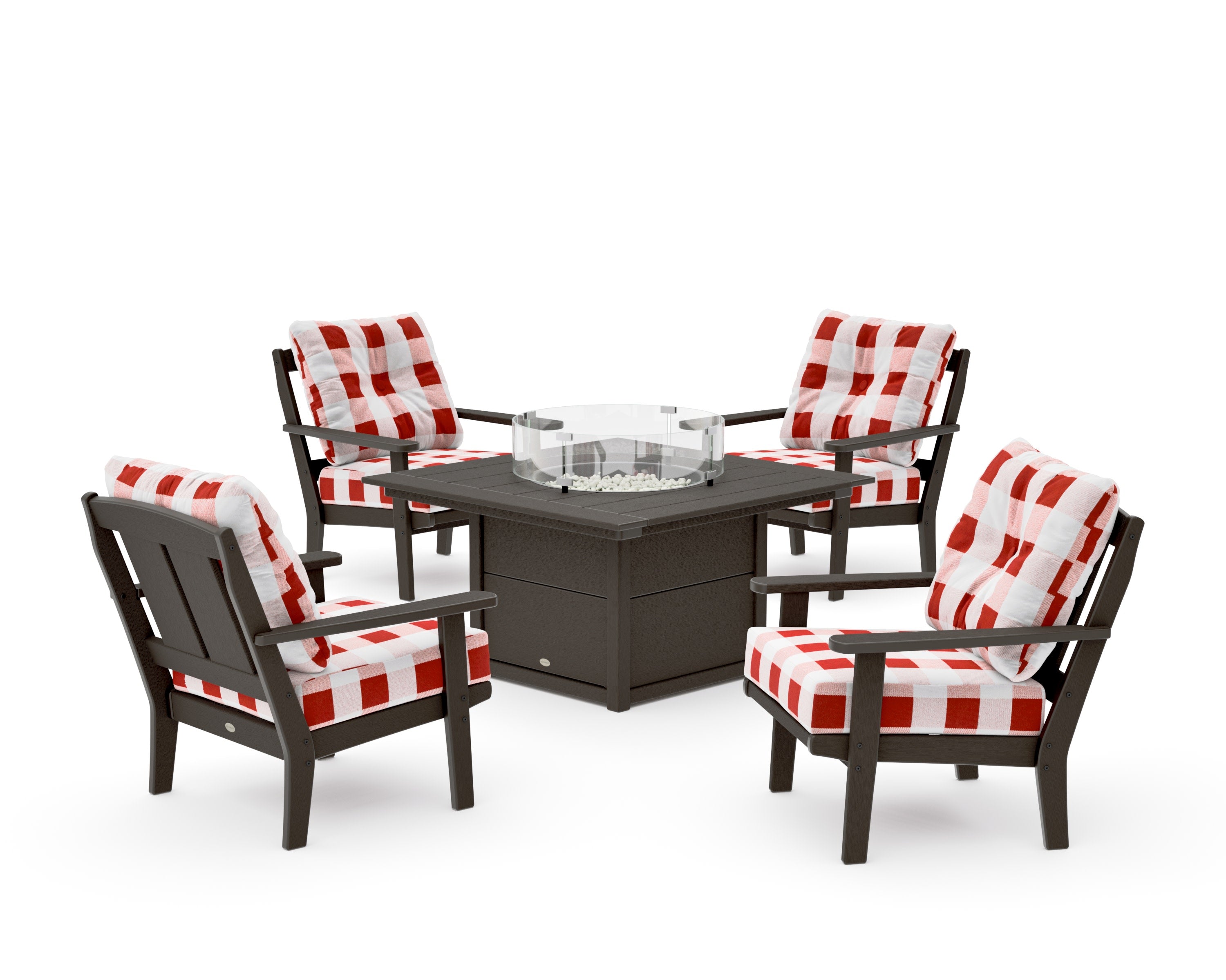 Mission 5-Piece Deep Seating Set with Fire Pit Table in Vintage Coffee / Buffalo Plaid Crimson