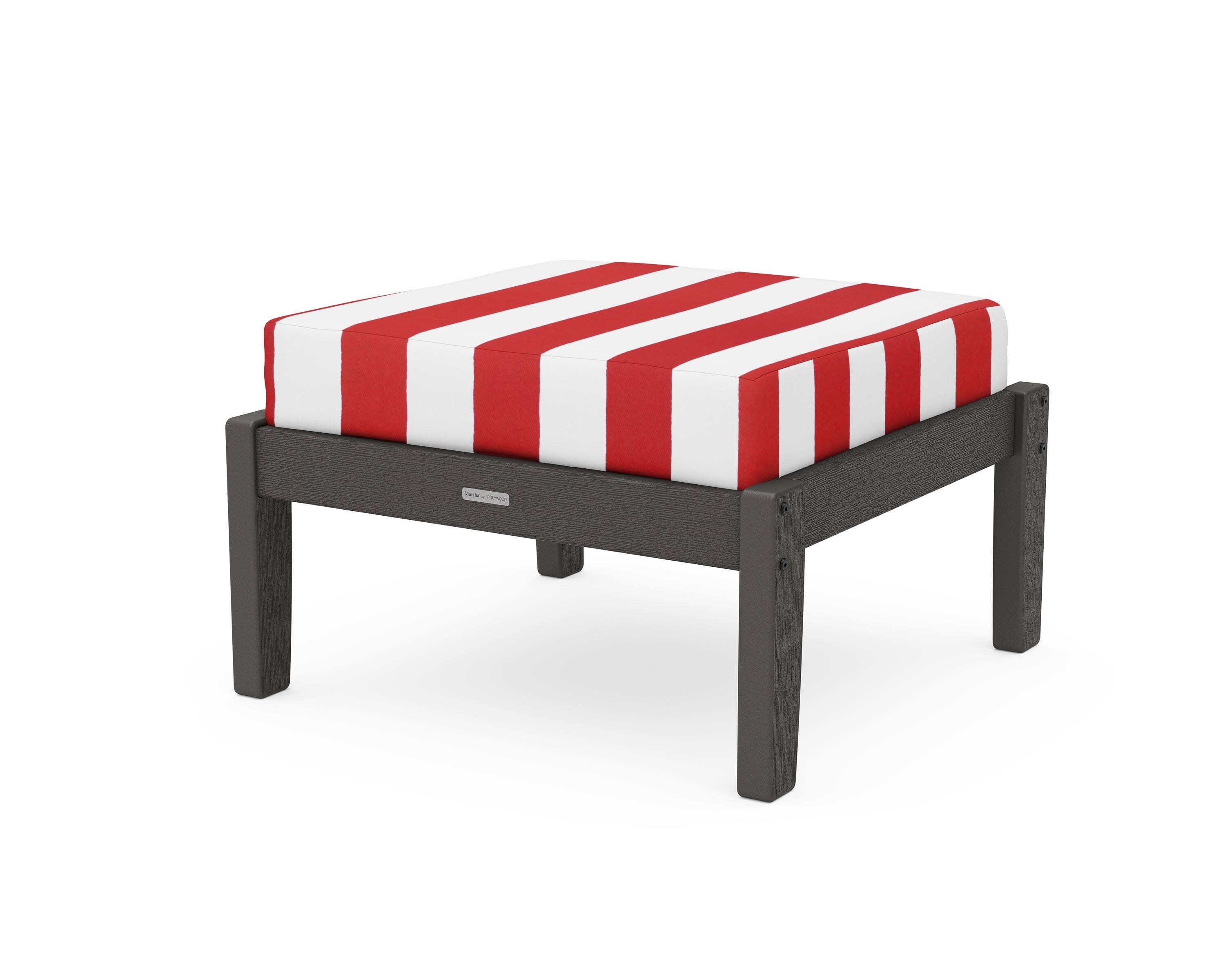 Chinoiserie Deep Seating Ottoman in Vintage Coffee / Cabana Stripe Crimson
