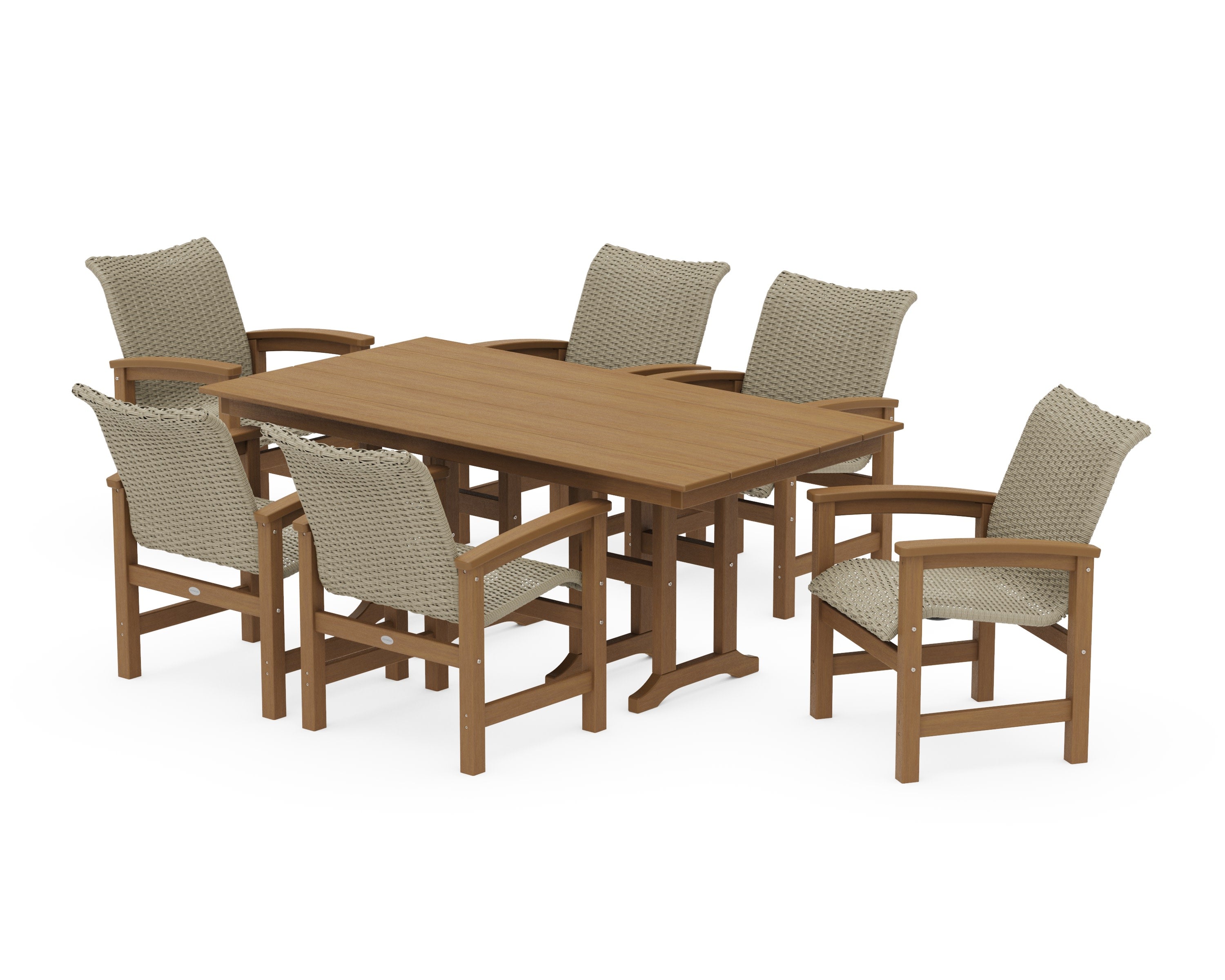 Coastal Woven Arm Chair 7-Piece Farmhouse Dining Set in Natural / Dune Grass
