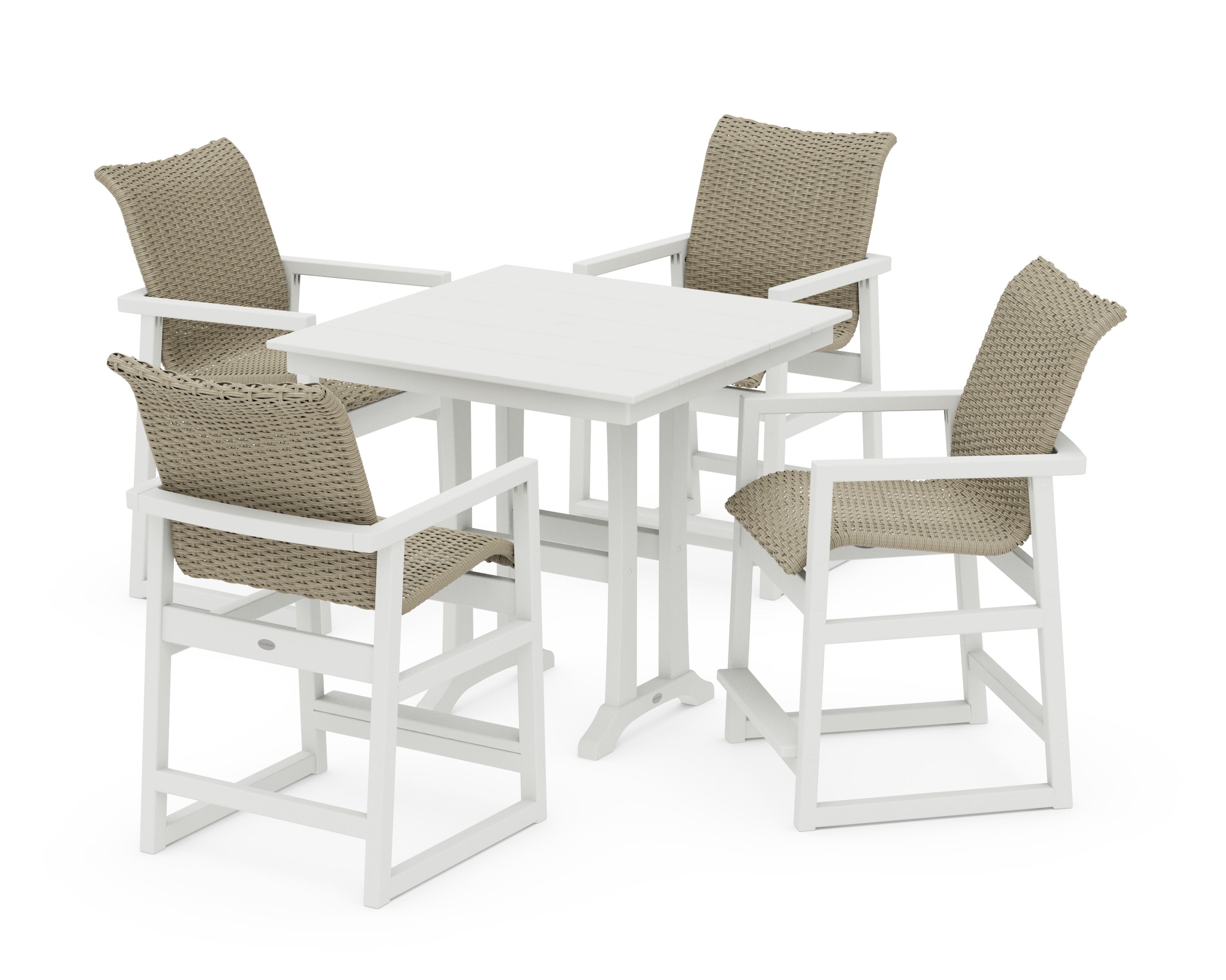 EDGE Woven 5-Piece Farmhouse Counter Set with Trestle Legs in Vintage White / Dune Grass