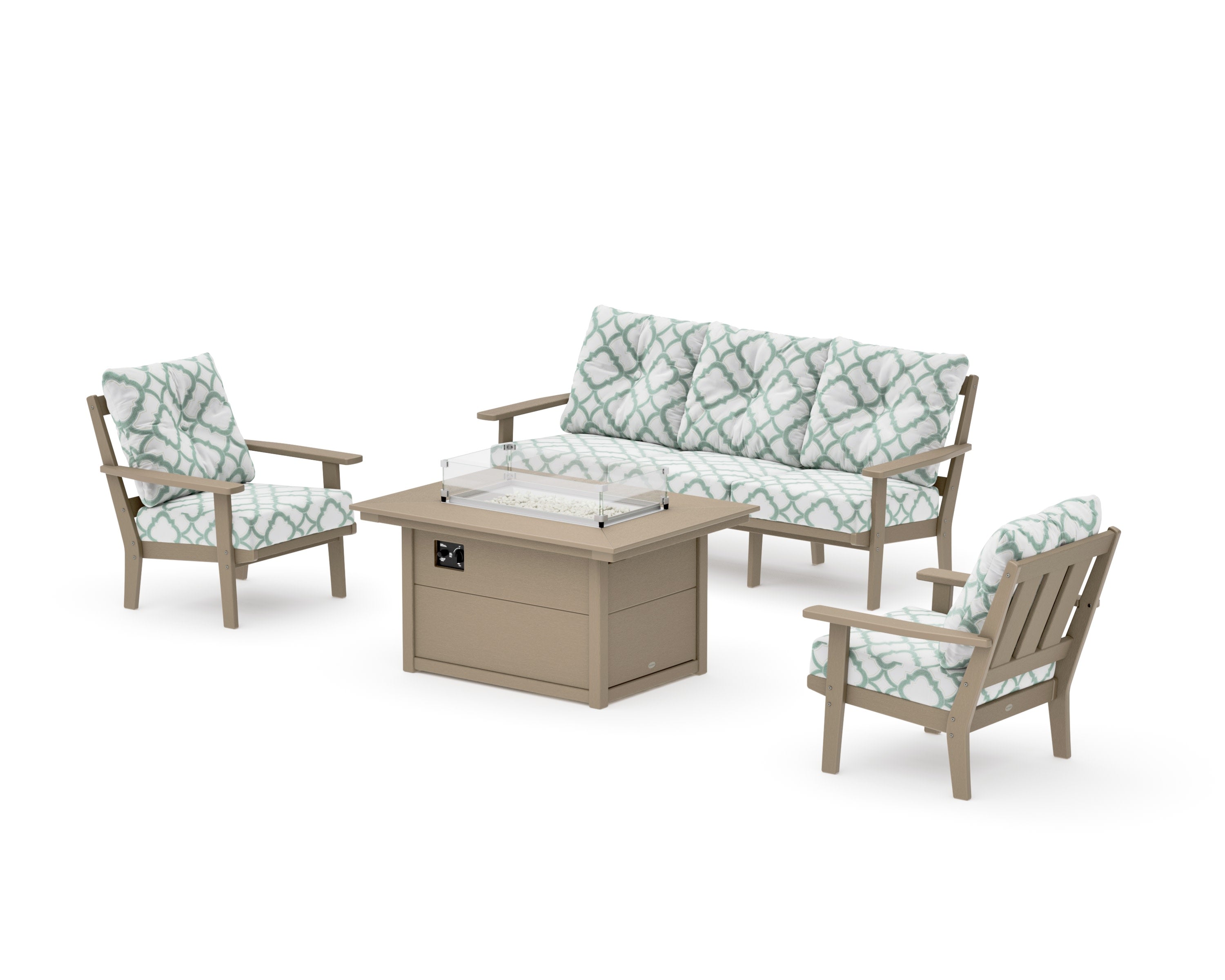 Oxford Deep Seating Fire Pit Table Set in Vintage Sahara / Trellis Glacier Spa