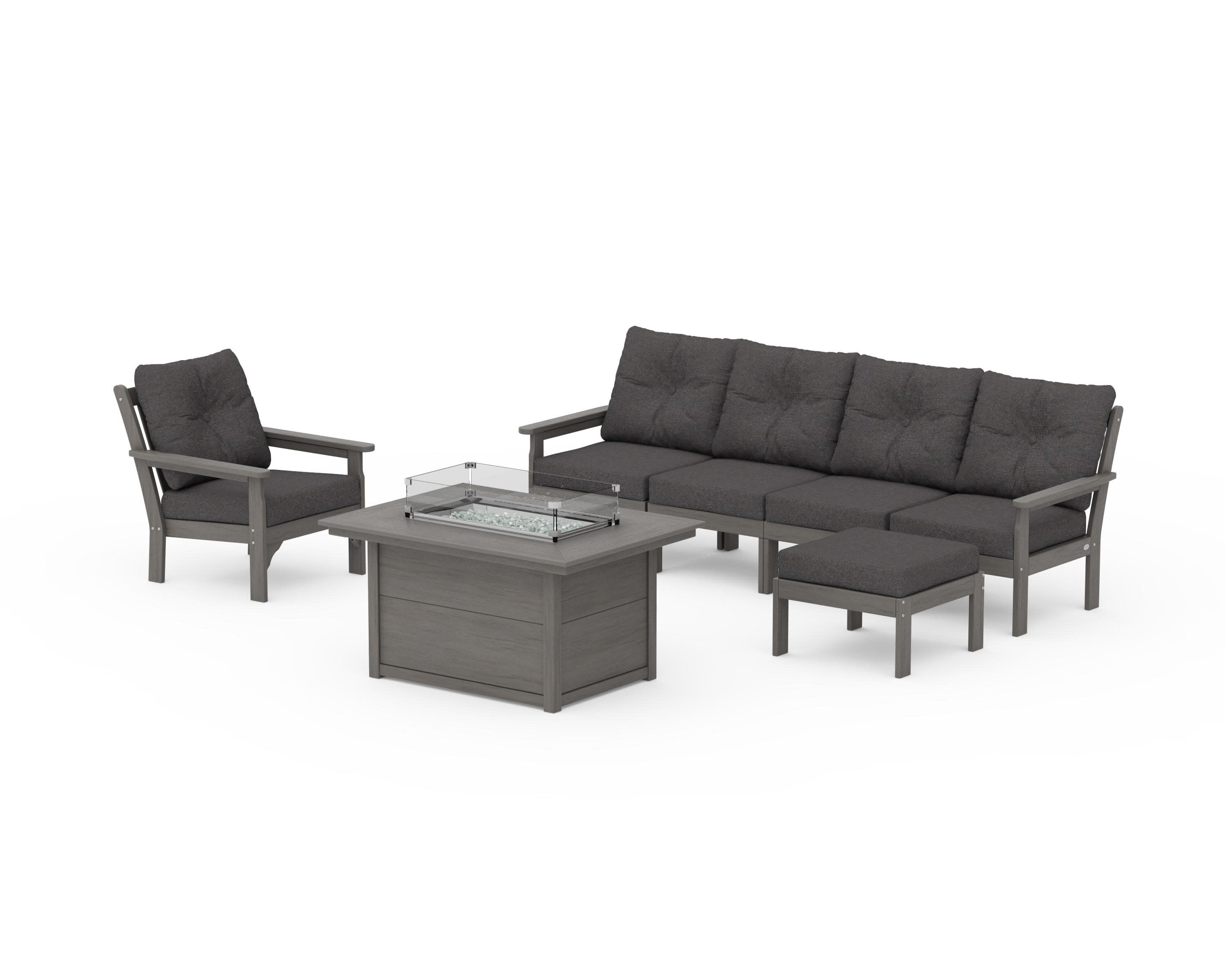 Vineyard Sectional Lounge and Fire Pit Set in Driftwood / Ash Charcoal