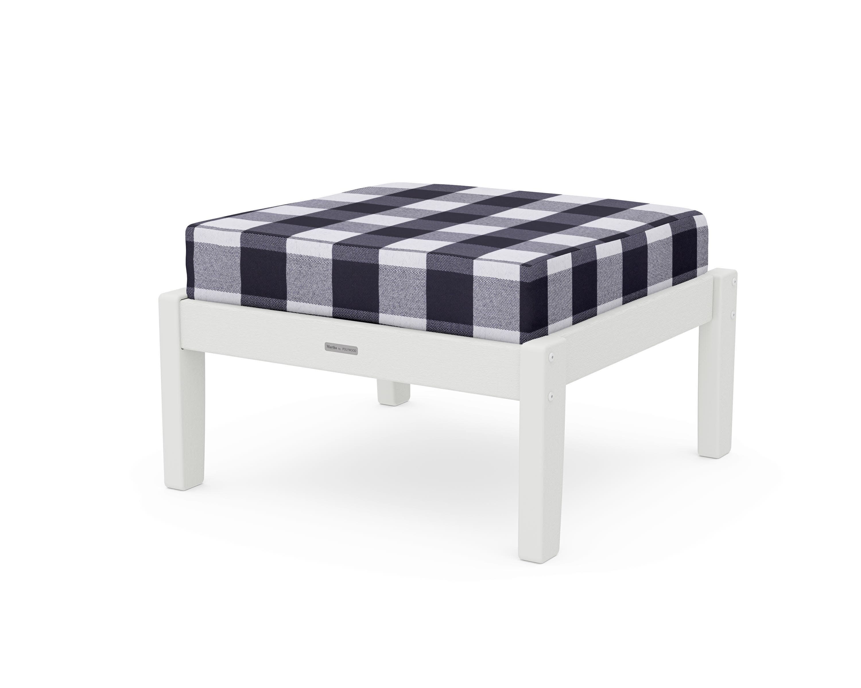 Chinoiserie Deep Seating Ottoman in Vintage White / Buffalo Plaid Navy