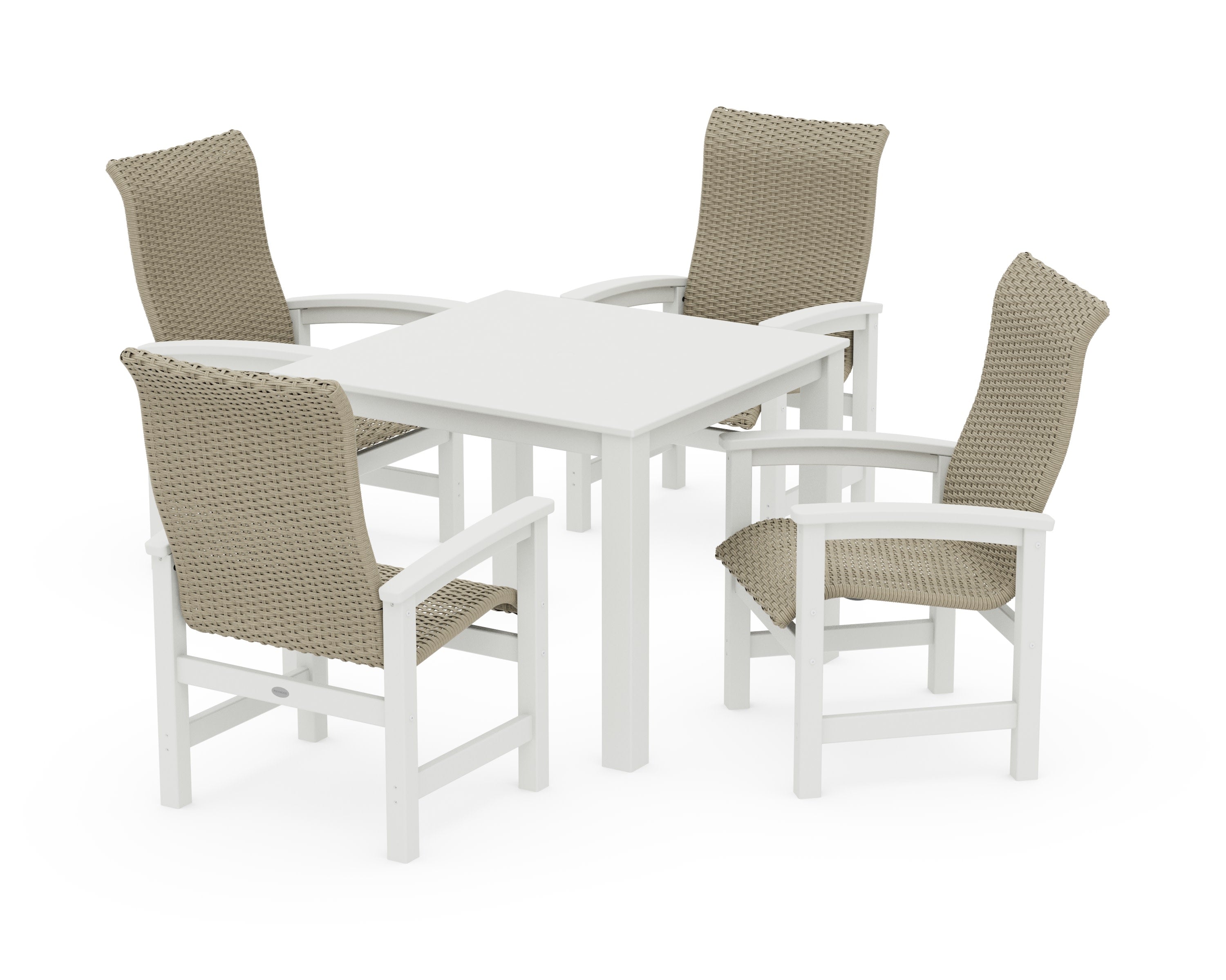 Coastal Woven High-Back 5-Piece Parsons Dining Set in White / Dune Grass