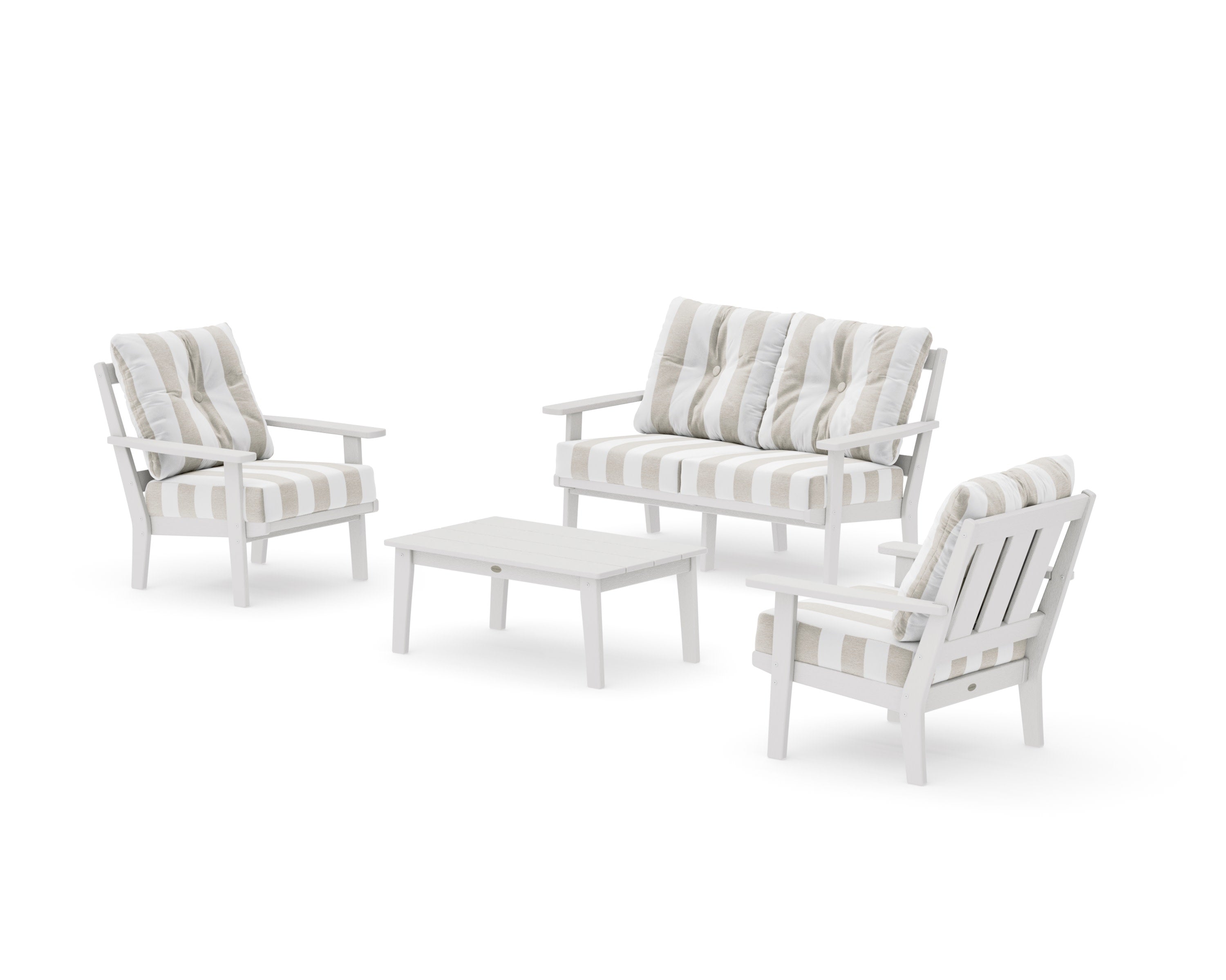 Oxford 4-Piece Deep Seating Set with Loveseat in Vintage White / Cabana Stripe Dune Burlap