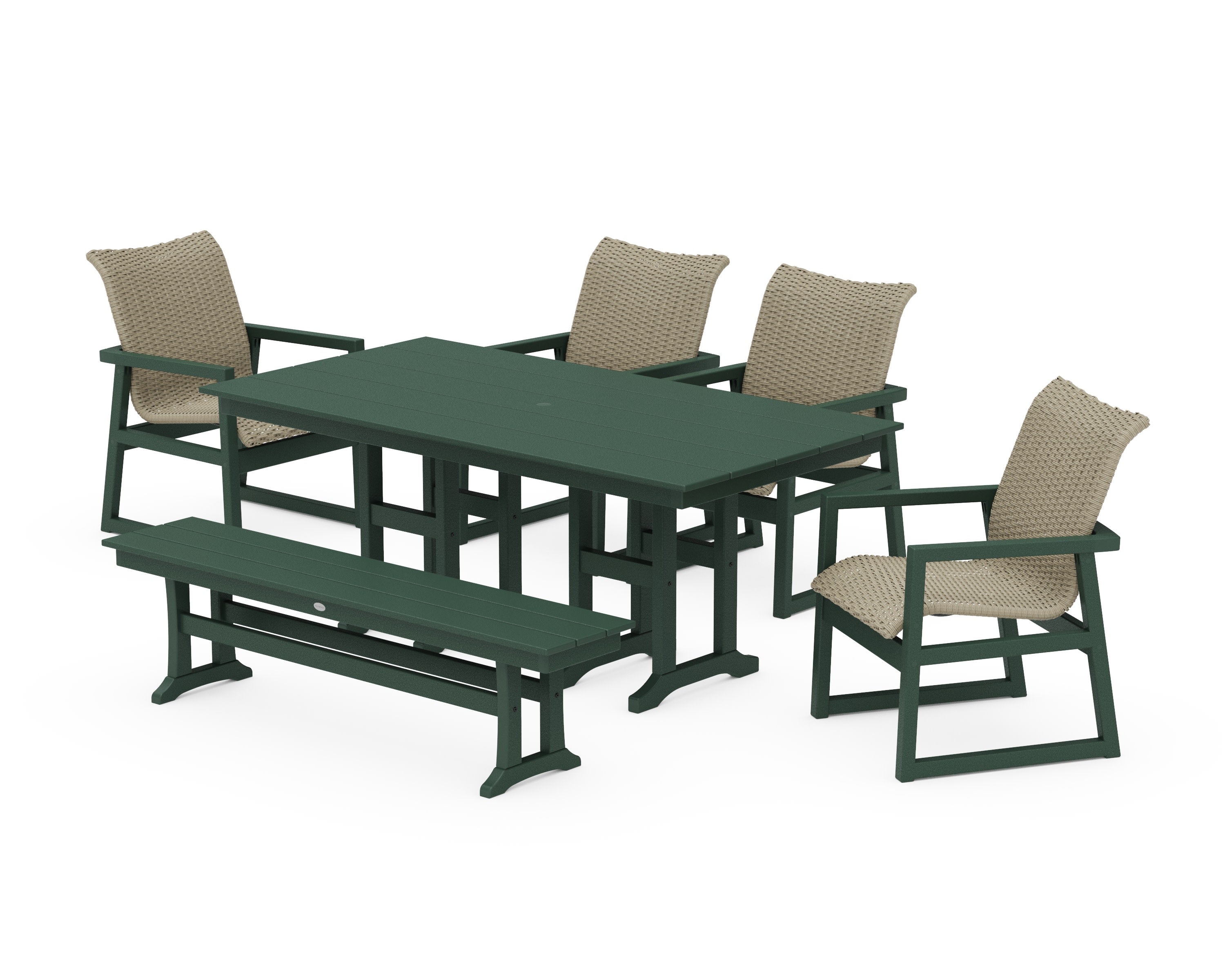 EDGE Woven 6-Piece Farmhouse Dining Set with Bench in Green / Dune Grass