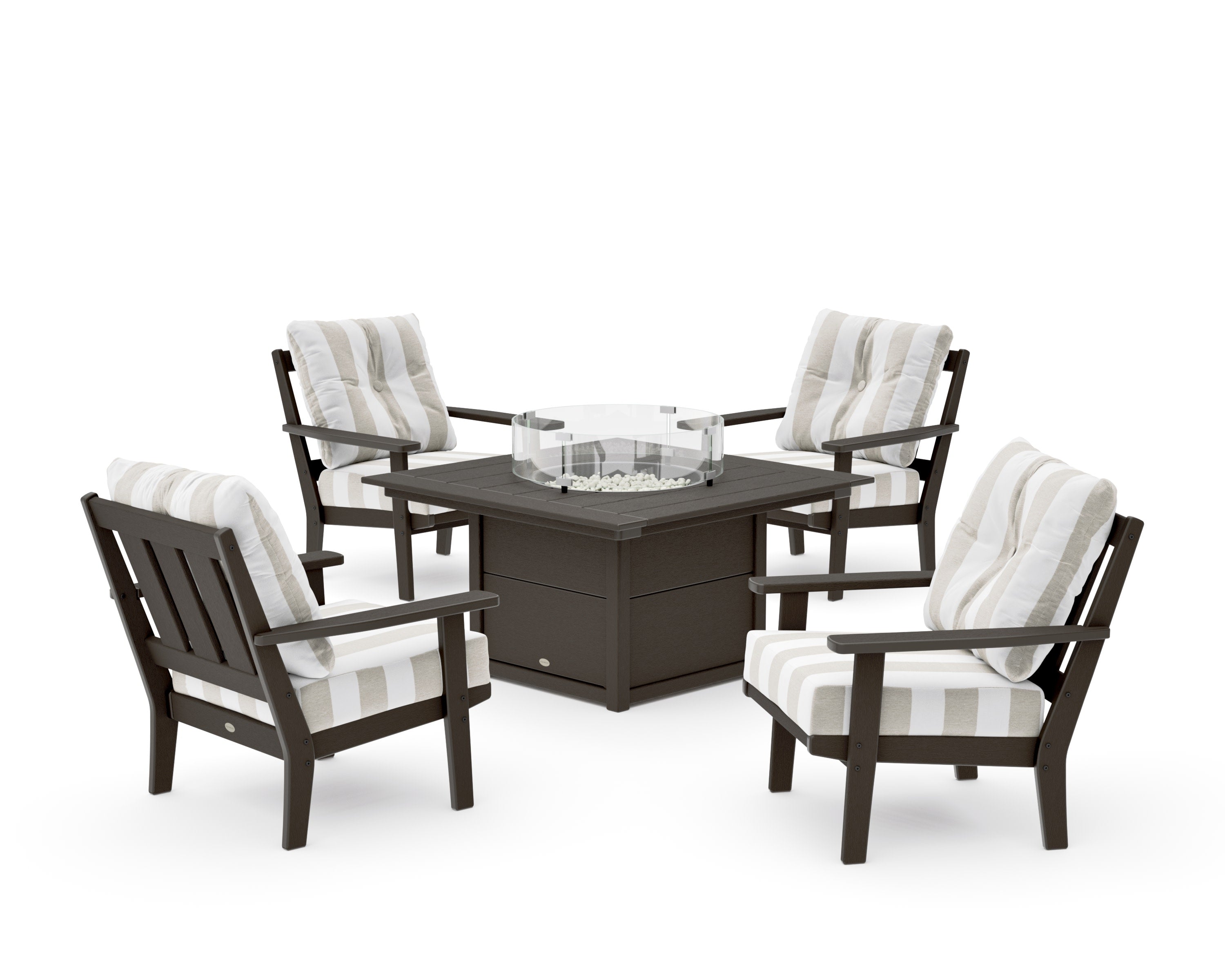 Oxford 5-Piece Deep Seating Set with Fire Pit Table in Vintage Coffee / Cabana Stripe Dune Burlap