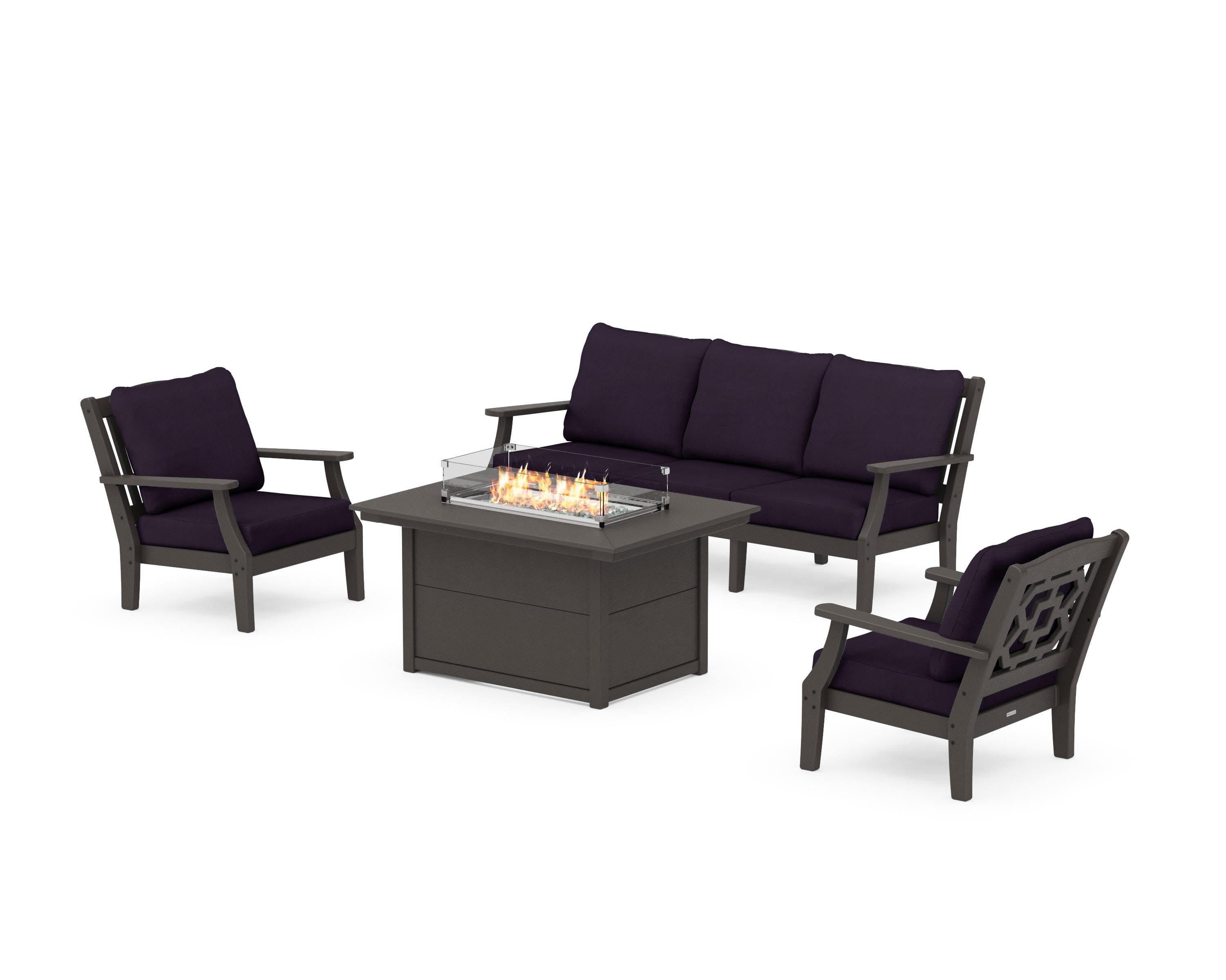 Chinoiserie Deep Seating Fire Pit Table Set in Vintage Coffee / Navy Linen