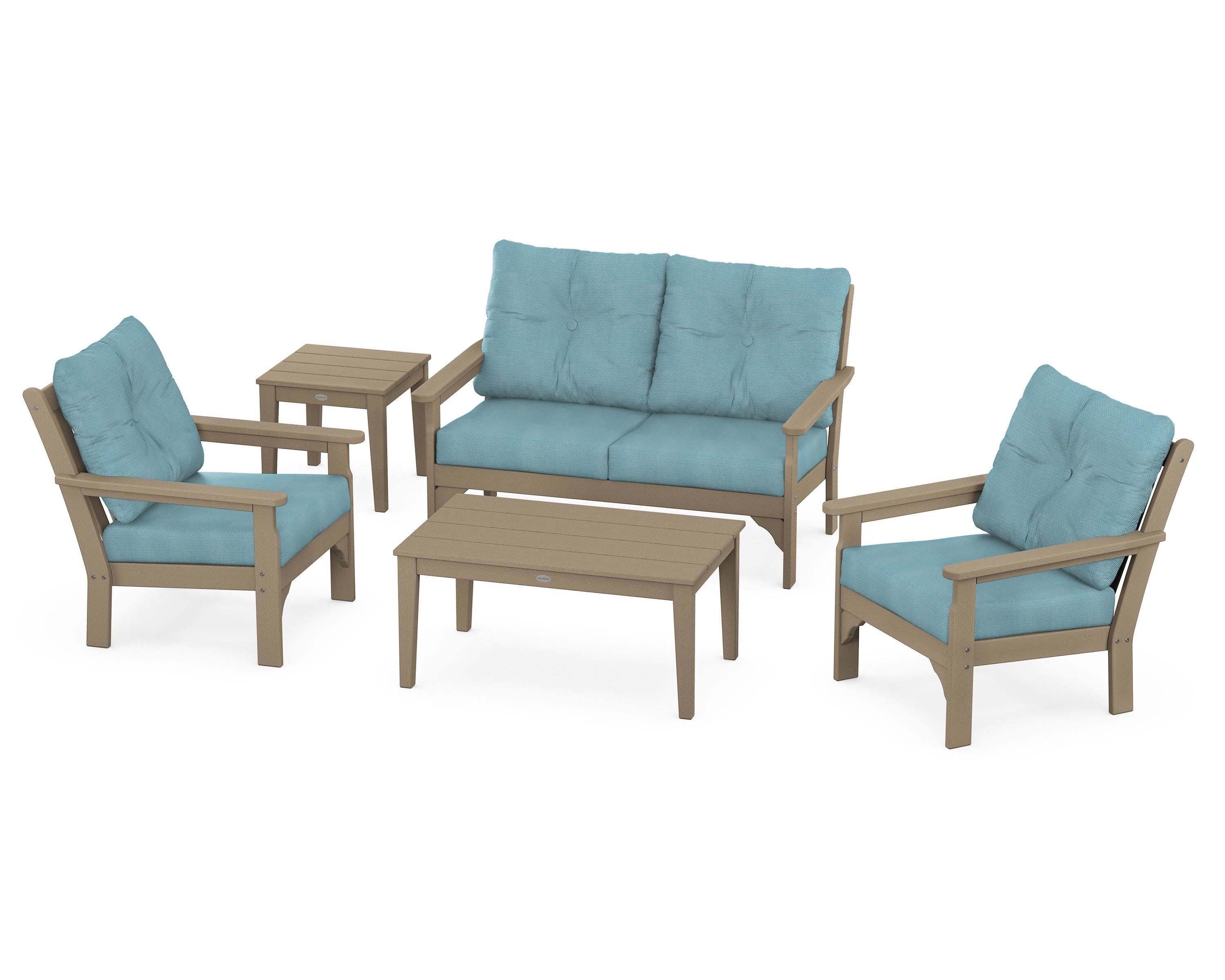 Vineyard 5-Piece Deep Seating Set in Vintage Sahara / Lattice Sky Blue