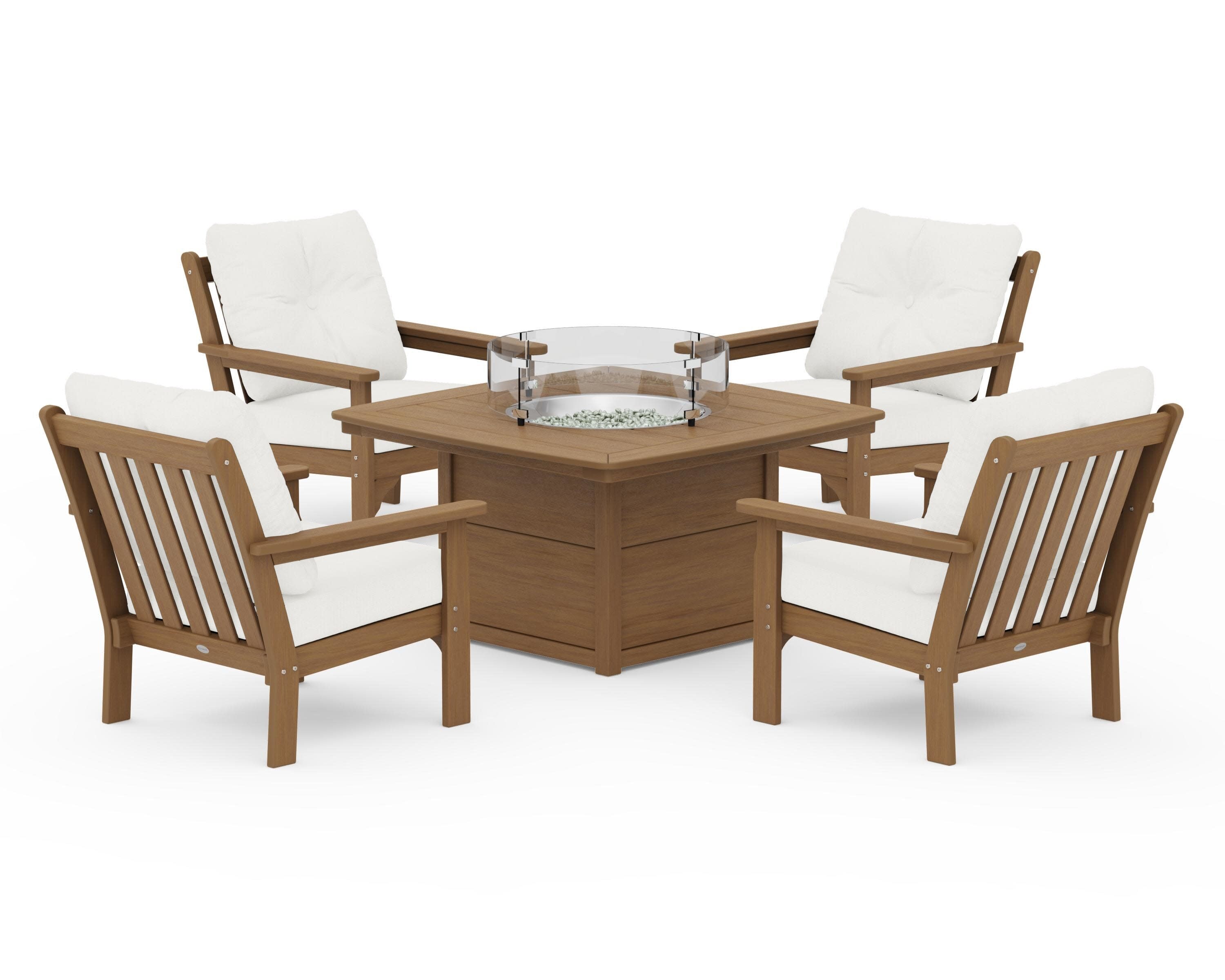 Vineyard 5-Piece Conversation Set with Fire Pit Table in Natural / Natural Linen