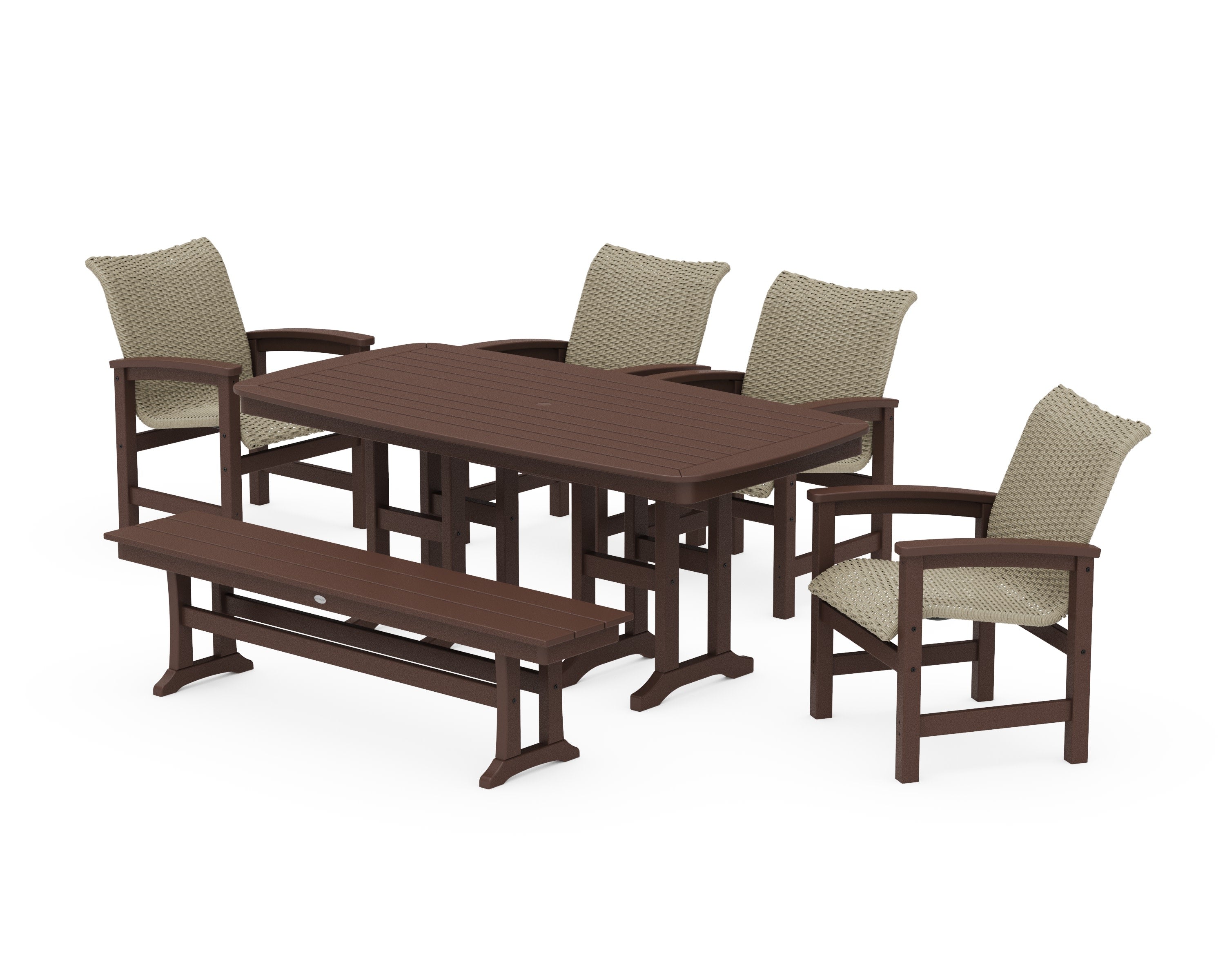 Coastal Woven 6-Piece Farmhouse Dining Set with Bench in Mahogany / Dune Grass