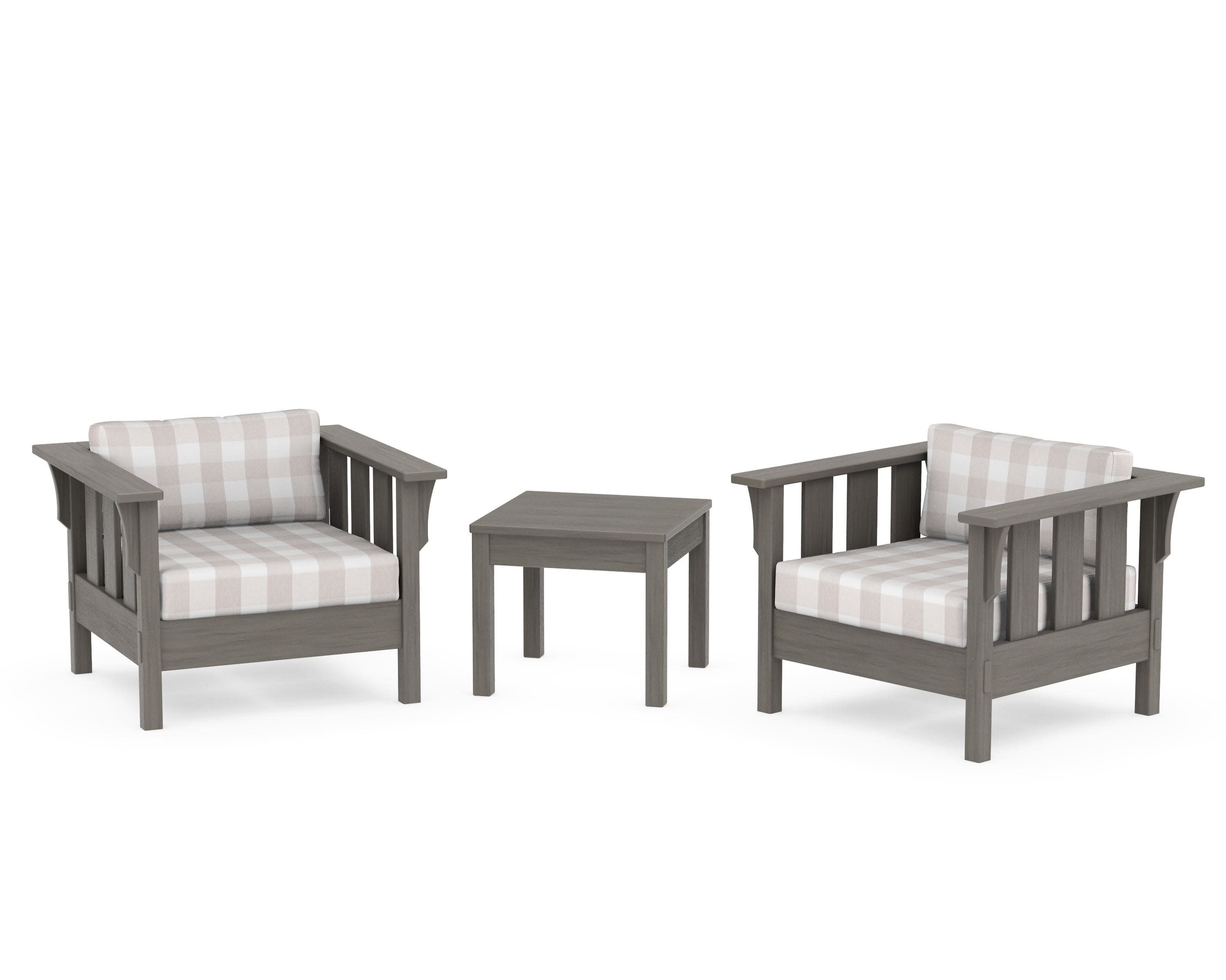 Acadia 3-Piece Deep Seating Set in Driftwood / Buffalo Plaid Dune Burlap