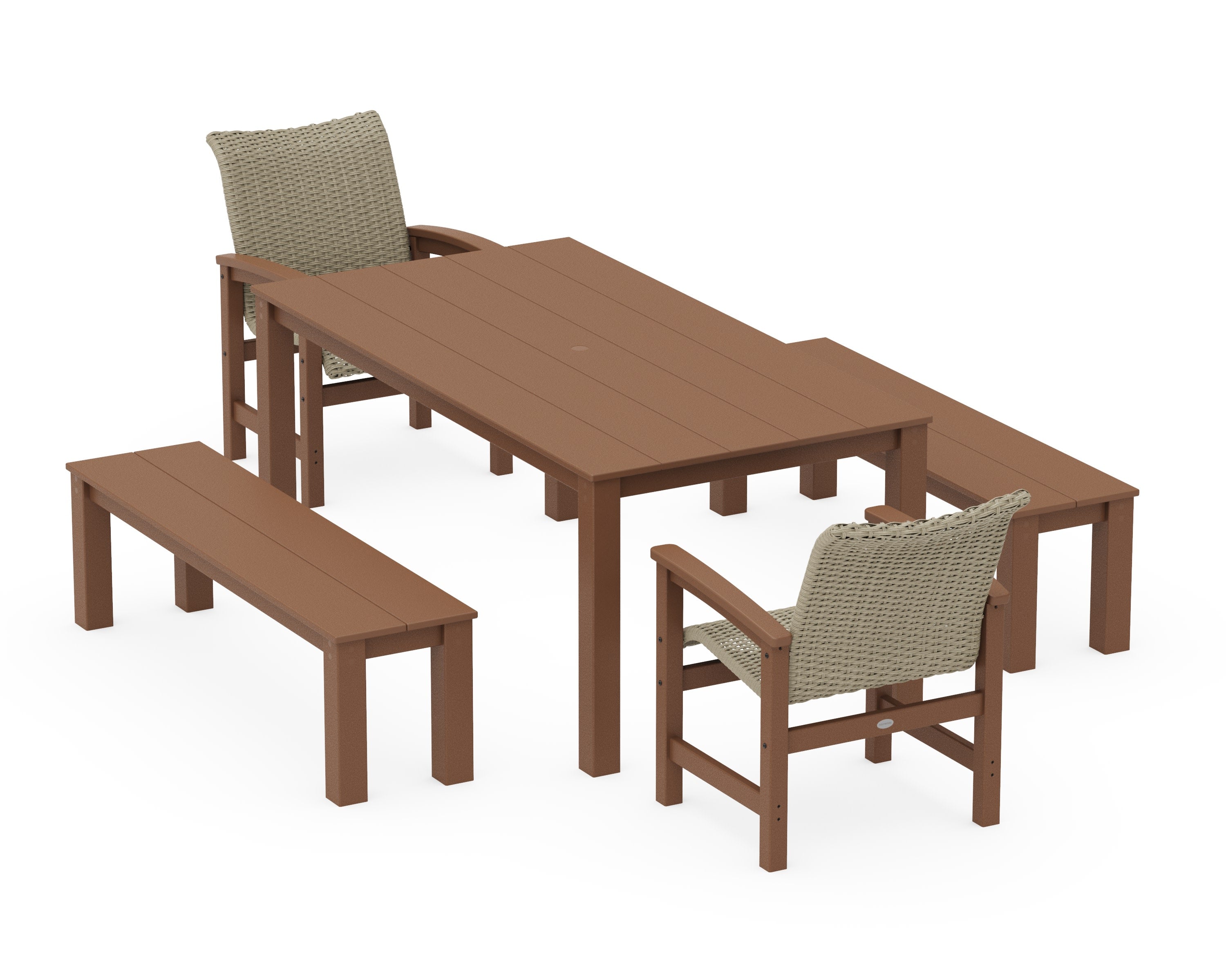 Coastal Woven 5-Piece Parsons Dining Set with Benches in Teak / Dune Grass
